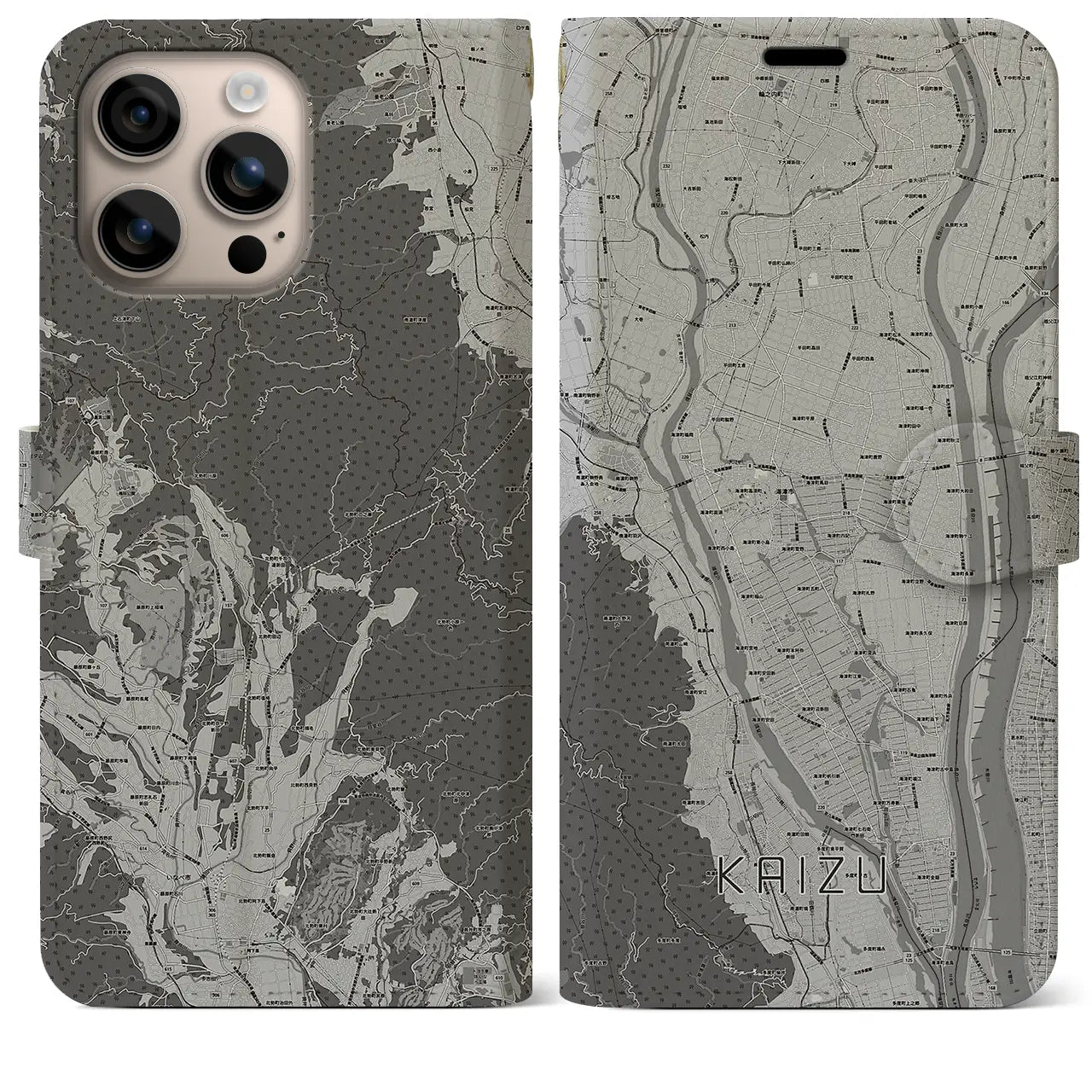 【海津(岐阜県)】地図柄iPhoneケース(手帳タイプ)モノトーン・iPhone 16 Plus 用