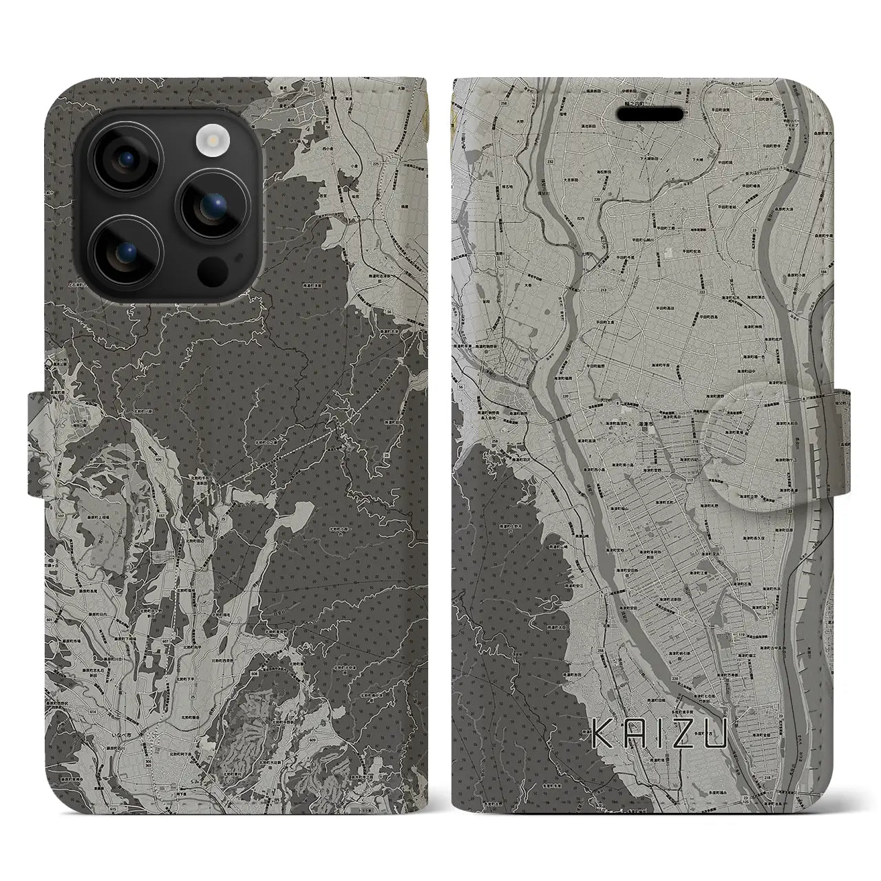 【海津(岐阜県)】地図柄iPhoneケース(手帳タイプ)モノトーン・iPhone 16 用