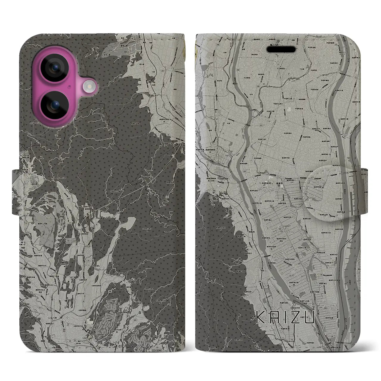 【海津(岐阜県)】地図柄iPhoneケース(手帳タイプ)モノトーン・iPhone 16 Pro 用