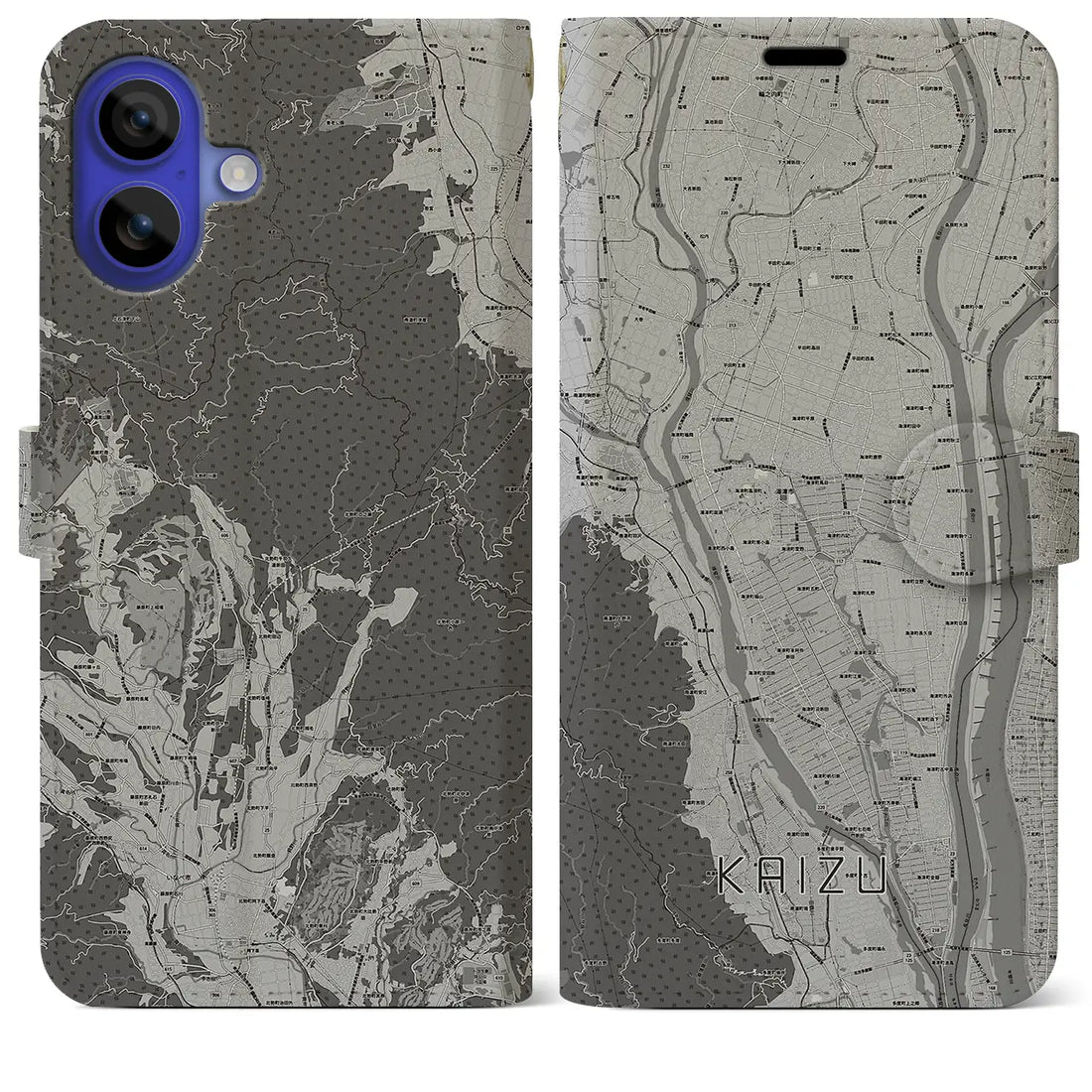 【海津(岐阜県)】地図柄iPhoneケース(手帳タイプ)モノトーン・iPhone 16 Pro Max 用