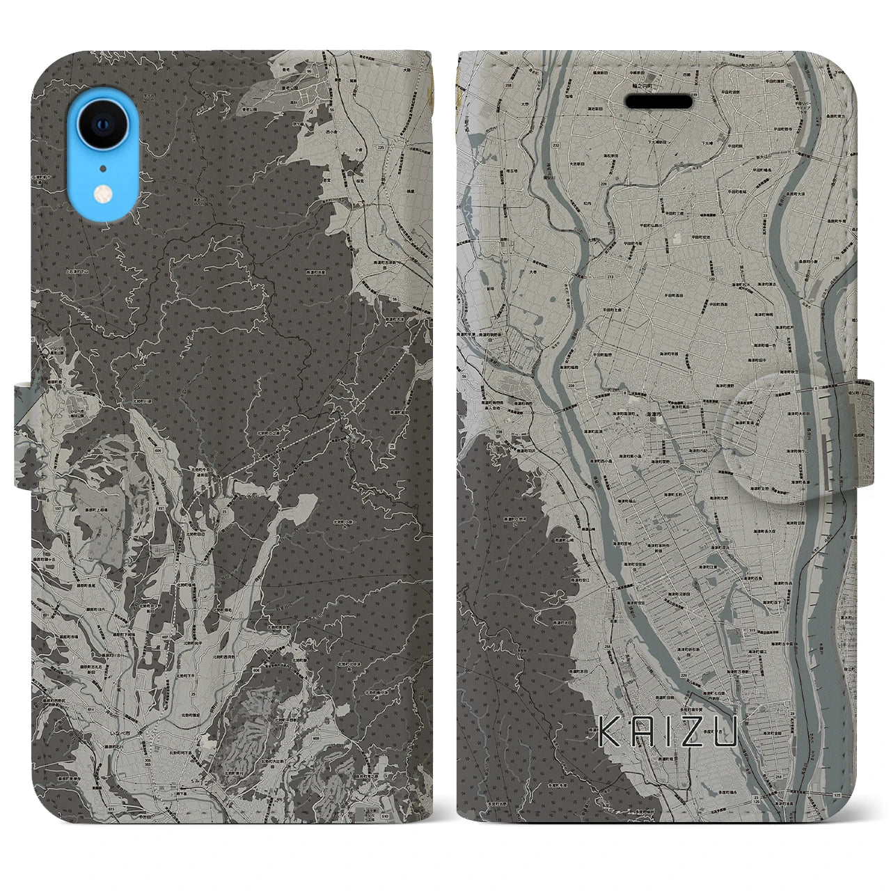【海津(岐阜県)】地図柄iPhoneケース(手帳タイプ)モノトーン・iPhone XR 用