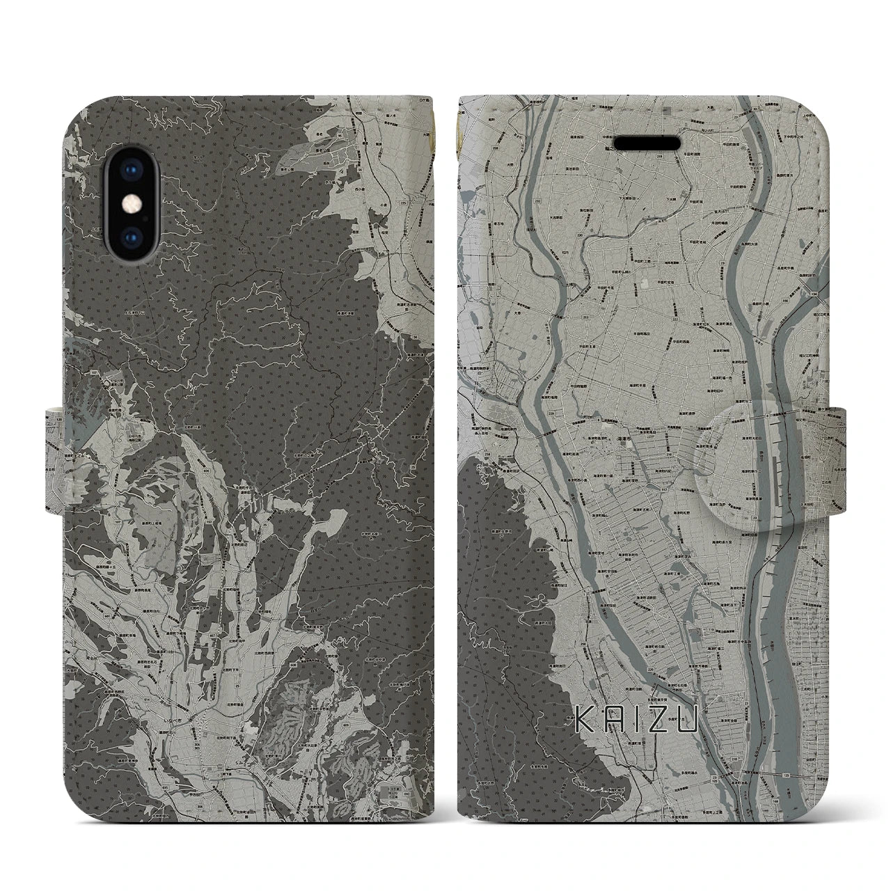 【海津(岐阜県)】地図柄iPhoneケース(手帳タイプ)モノトーン・iPhone XS / X 用