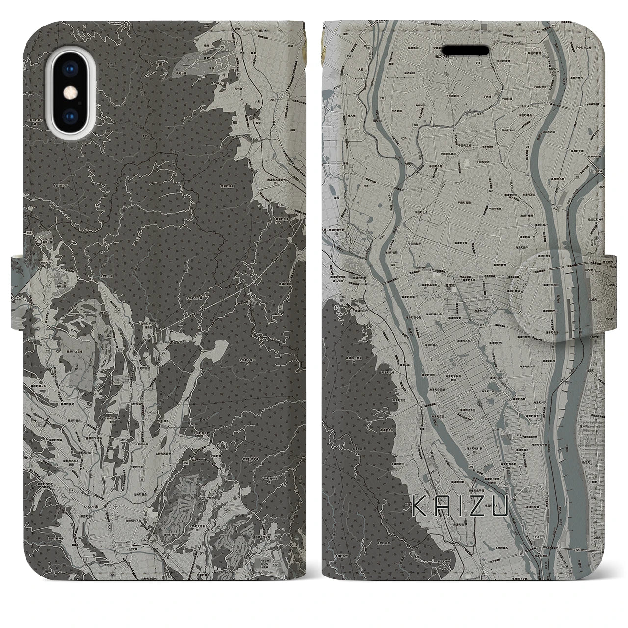 【海津(岐阜県)】地図柄iPhoneケース(手帳タイプ)モノトーン・iPhone XS Max 用