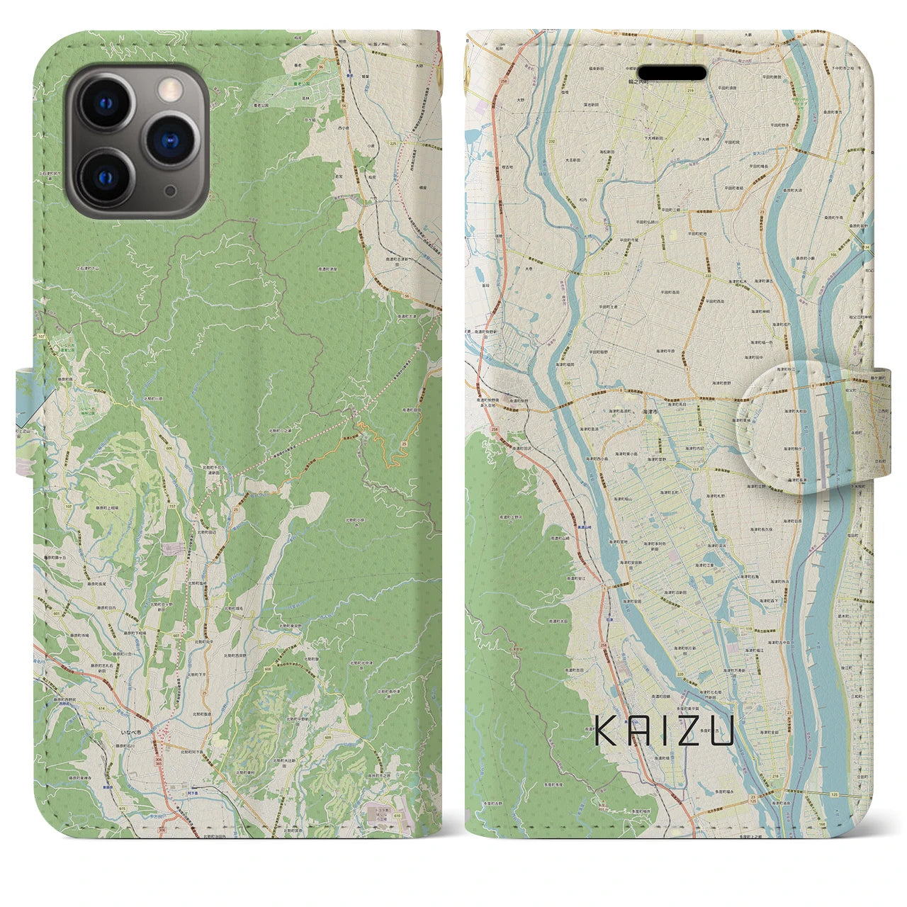 【海津(岐阜県)】地図柄iPhoneケース(手帳タイプ)ナチュラル・iPhone 11 Pro Max 用