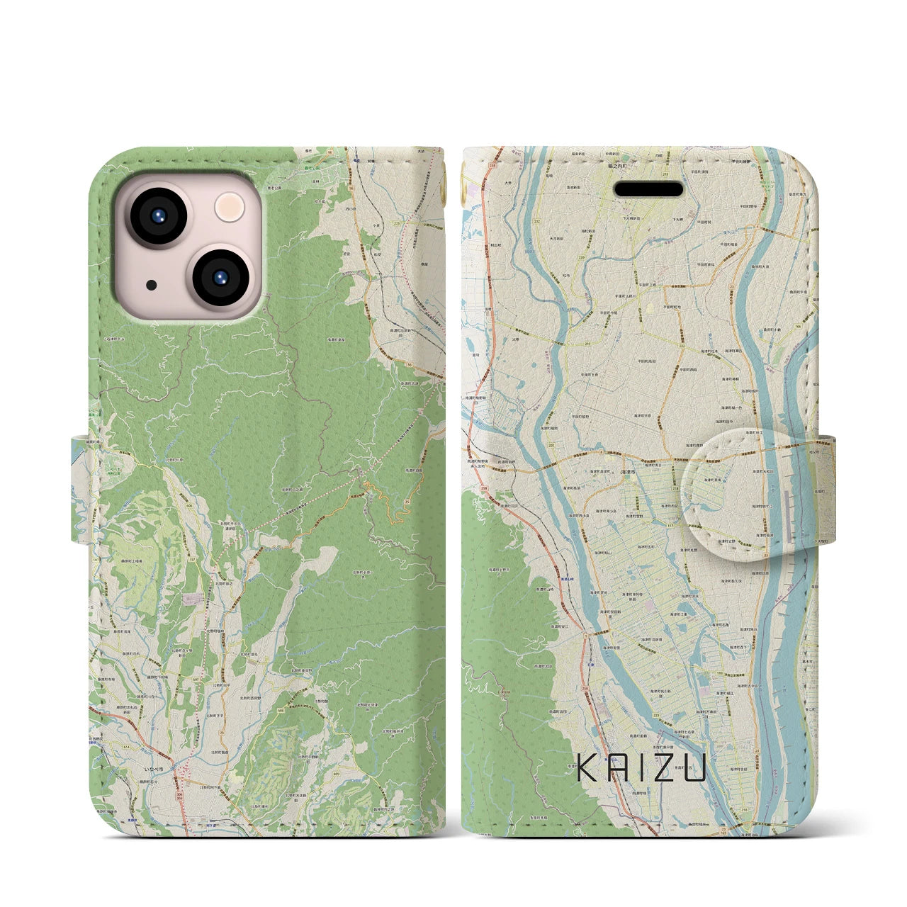 【海津(岐阜県)】地図柄iPhoneケース(手帳タイプ)ナチュラル・iPhone 13 mini 用