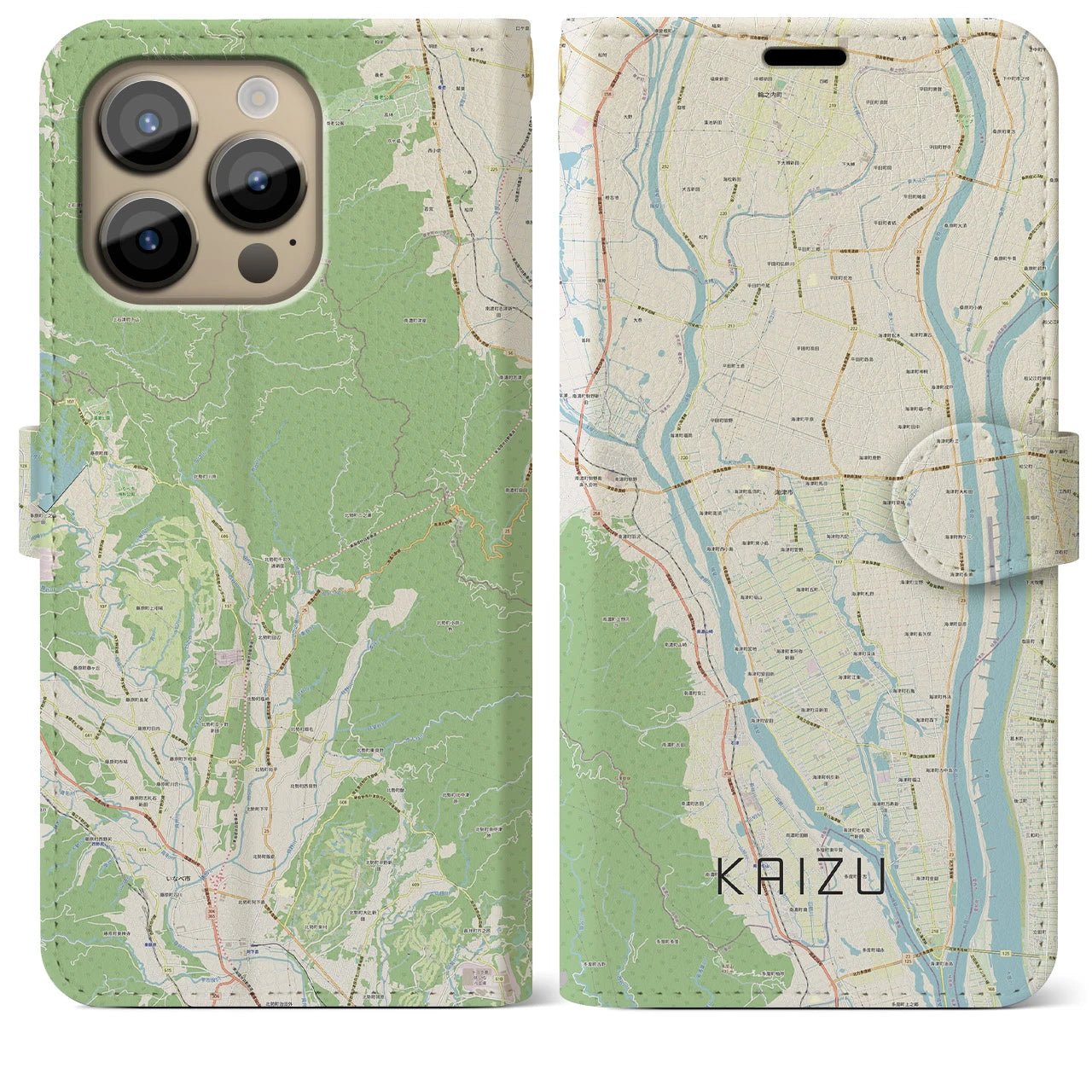 【海津(岐阜県)】地図柄iPhoneケース(手帳タイプ)ナチュラル・iPhone 14 Pro Max 用