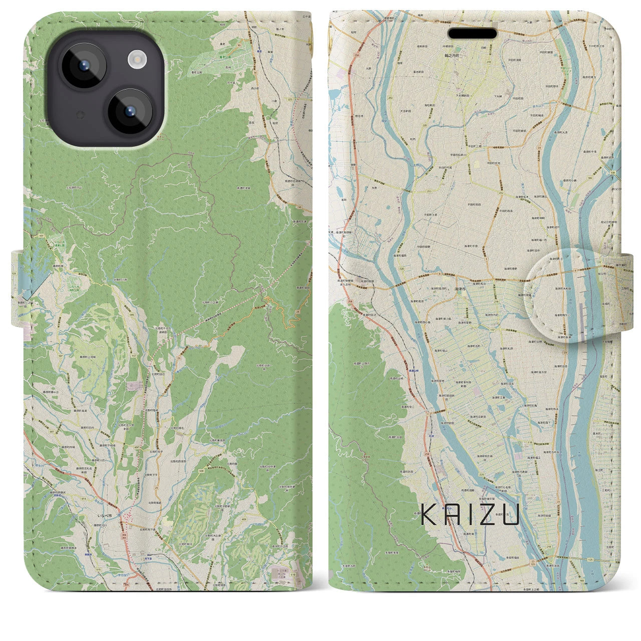 【海津(岐阜県)】地図柄iPhoneケース(手帳タイプ)ナチュラル・iPhone 14 Plus 用