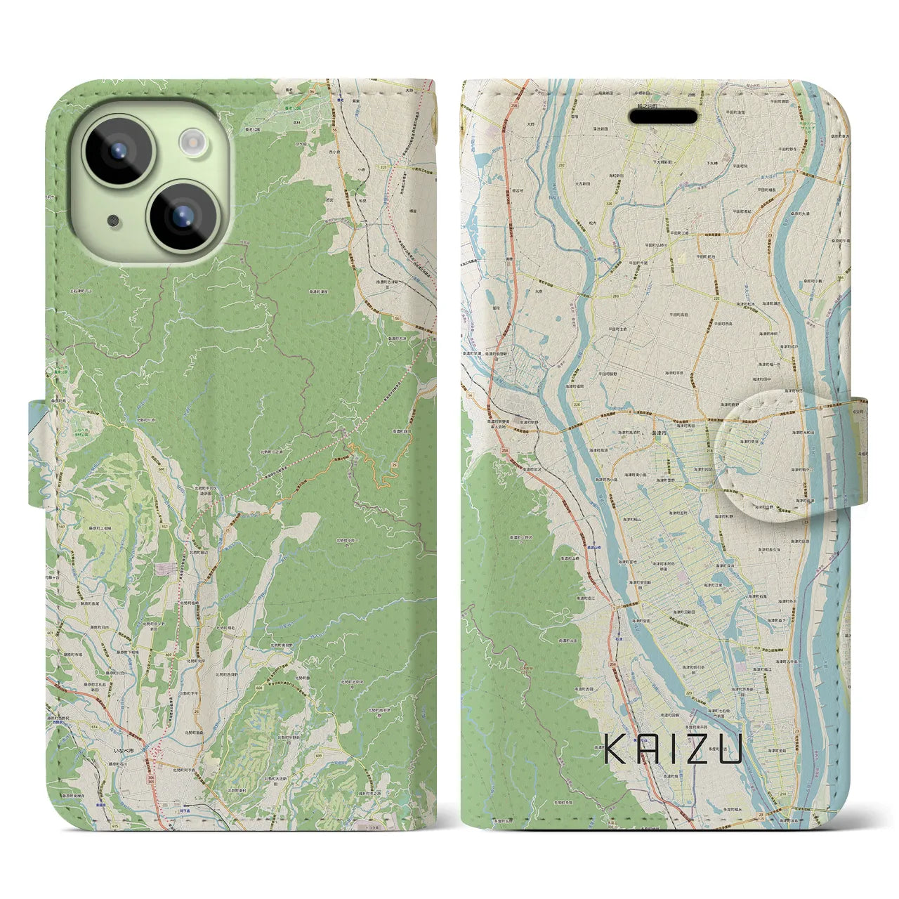 【海津(岐阜県)】地図柄iPhoneケース(手帳タイプ)ナチュラル・iPhone 15 用