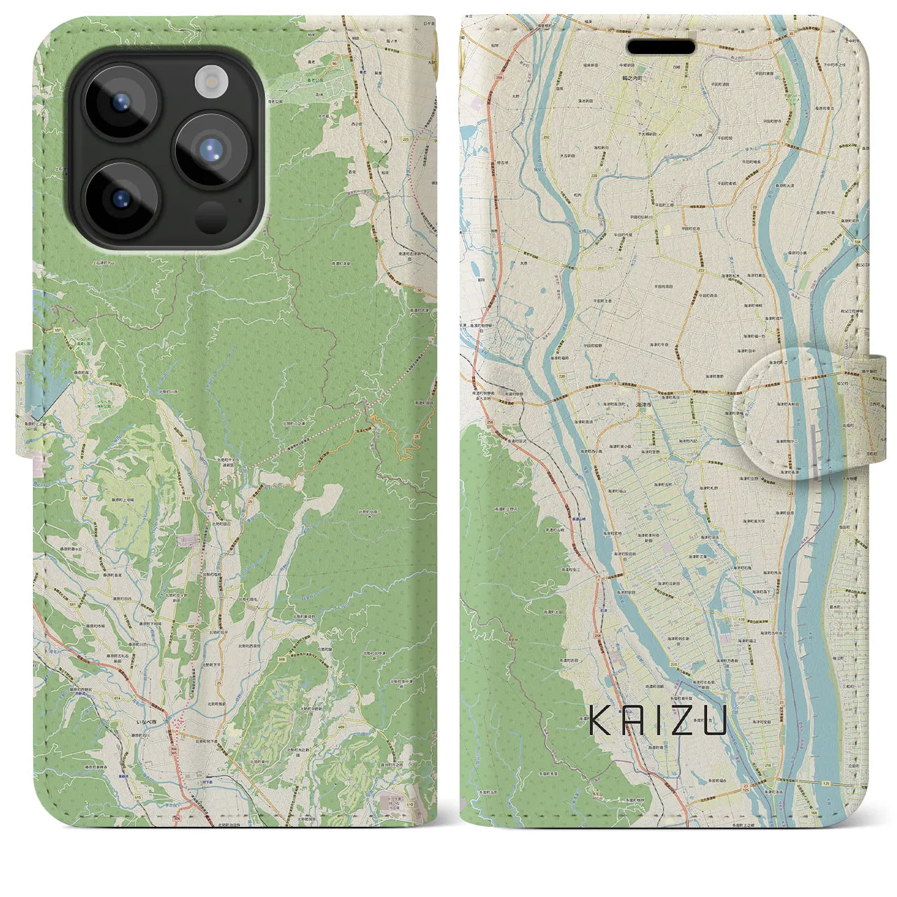【海津(岐阜県)】地図柄iPhoneケース(手帳タイプ)ナチュラル・iPhone 15 Pro Max 用