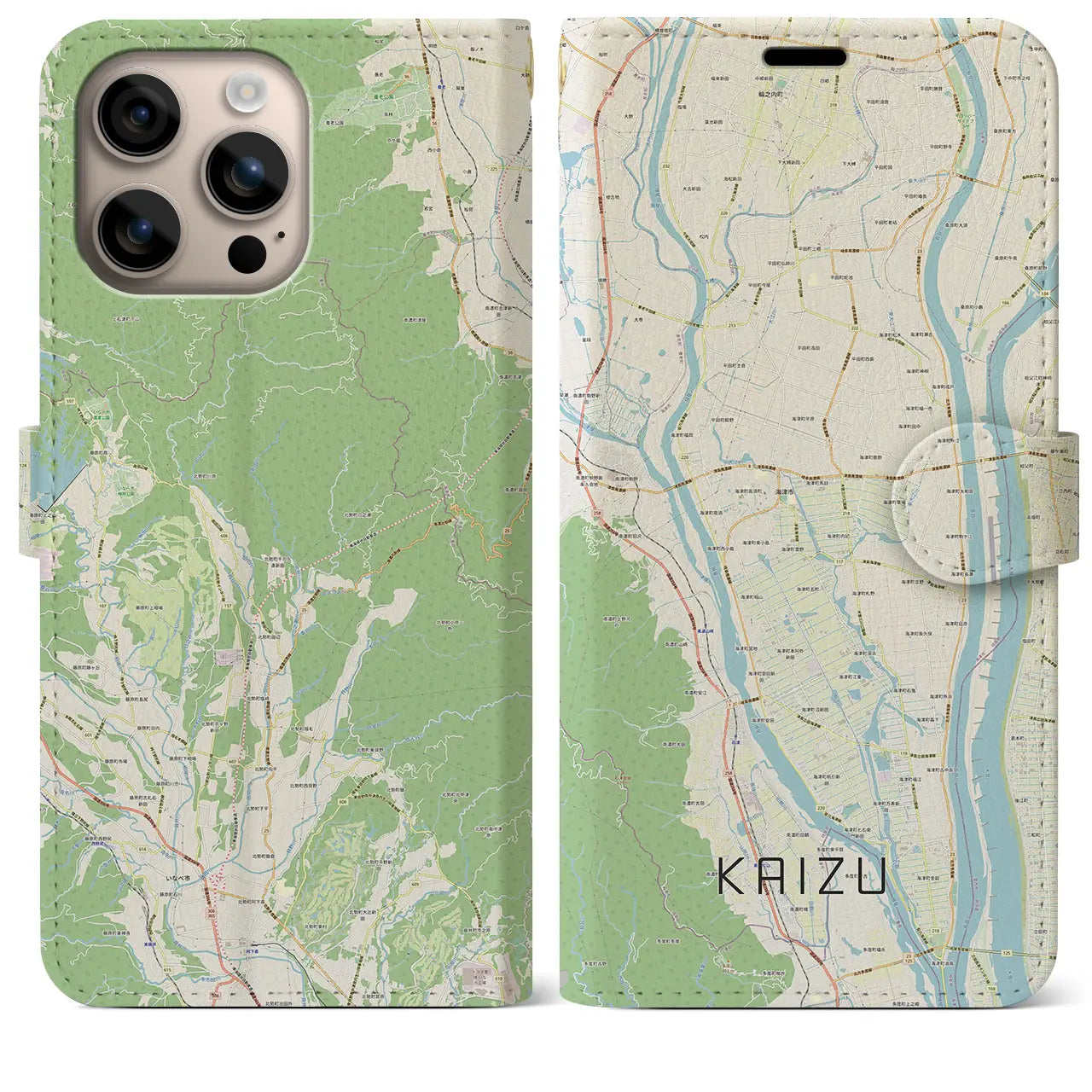 【海津(岐阜県)】地図柄iPhoneケース(手帳タイプ)ナチュラル・iPhone 16 Plus 用