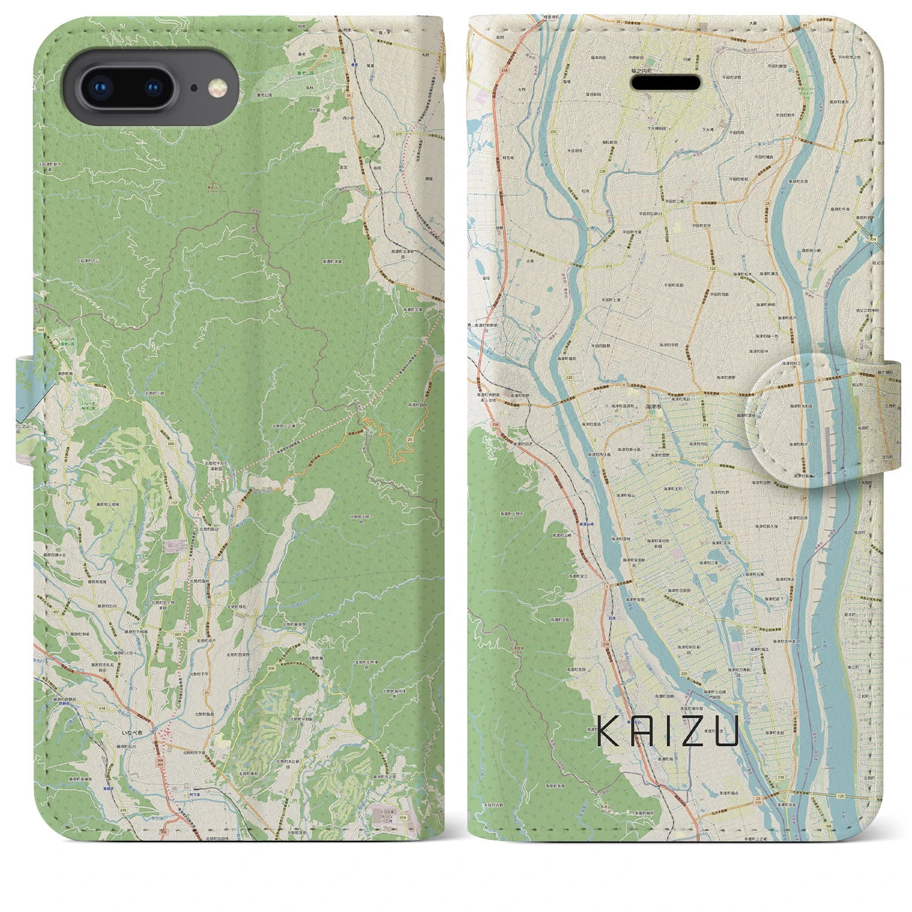 【海津(岐阜県)】地図柄iPhoneケース(手帳タイプ)ナチュラル・iPhone 8Plus /7Plus / 6sPlus / 6Plus 用