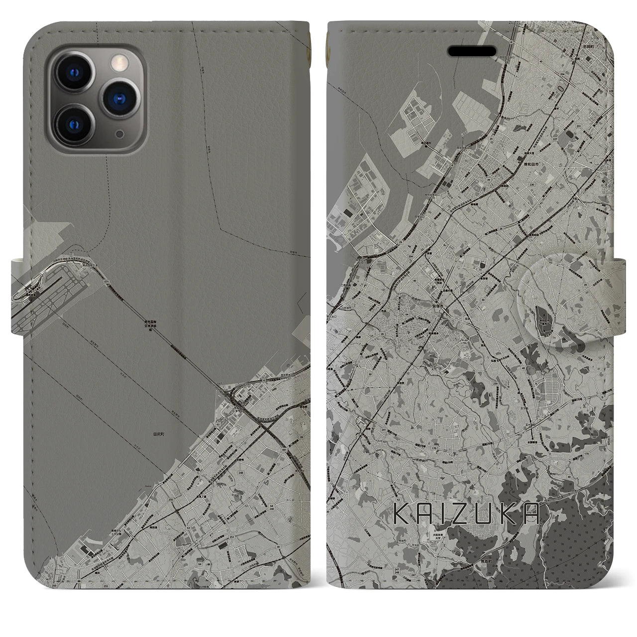 【貝塚(大阪府)】地図柄iPhoneケース(手帳タイプ)モノトーン・iPhone 11 Pro Max 用