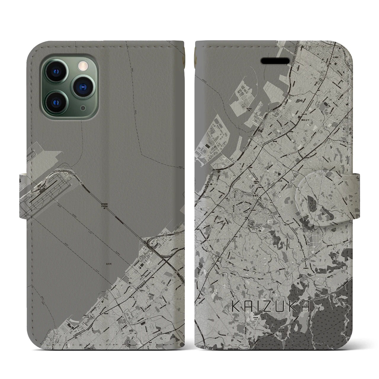 【貝塚(大阪府)】地図柄iPhoneケース(手帳タイプ)モノトーン・iPhone 11 Pro 用
