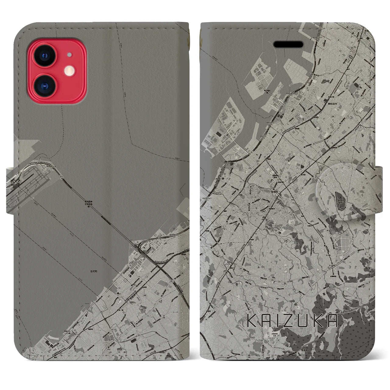 【貝塚(大阪府)】地図柄iPhoneケース(手帳タイプ)モノトーン・iPhone 11 用