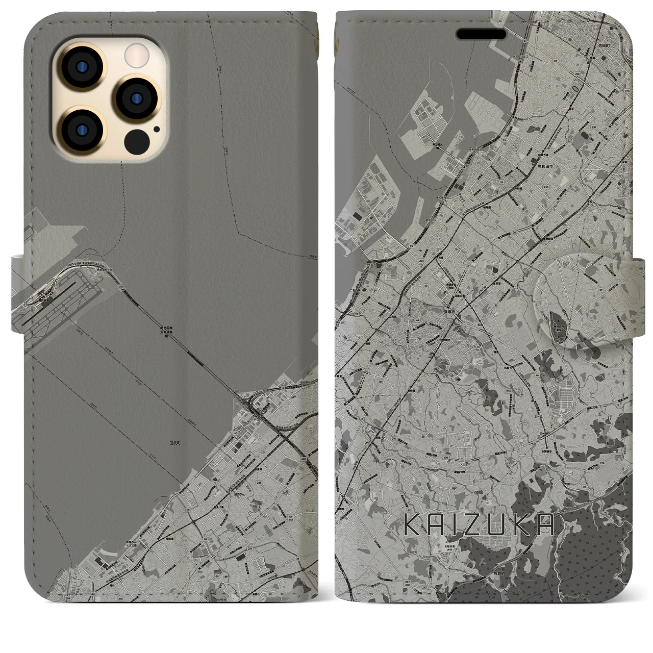 【貝塚(大阪府)】地図柄iPhoneケース(手帳タイプ)モノトーン・iPhone 12 Pro Max 用