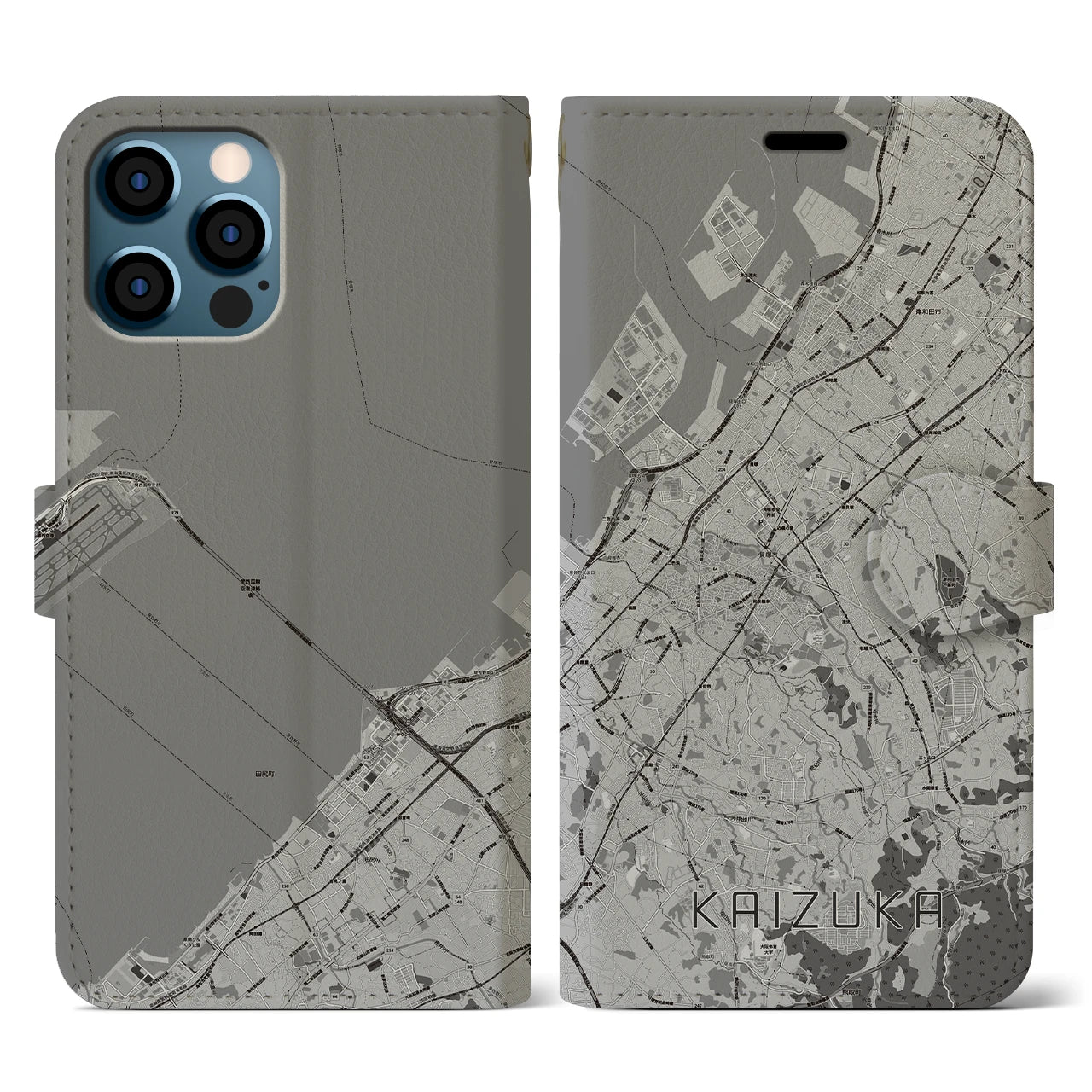 【貝塚(大阪府)】地図柄iPhoneケース(手帳タイプ)モノトーン・iPhone 12 / 12 Pro 用