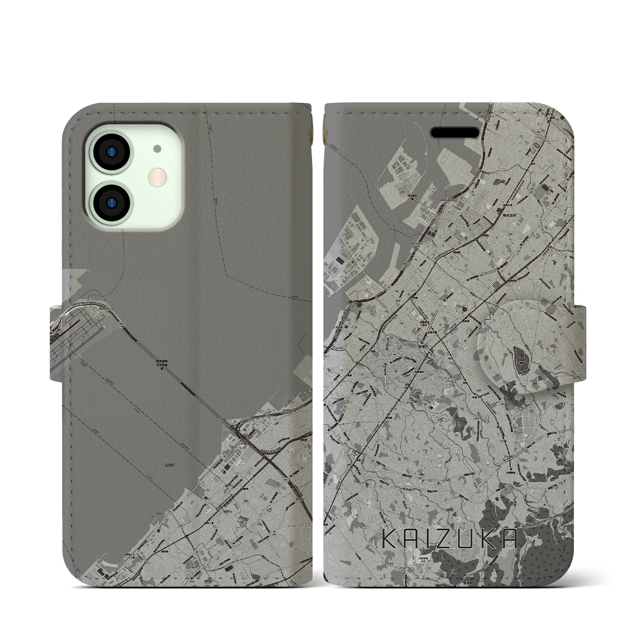 【貝塚(大阪府)】地図柄iPhoneケース(手帳タイプ)モノトーン・iPhone 12 mini 用