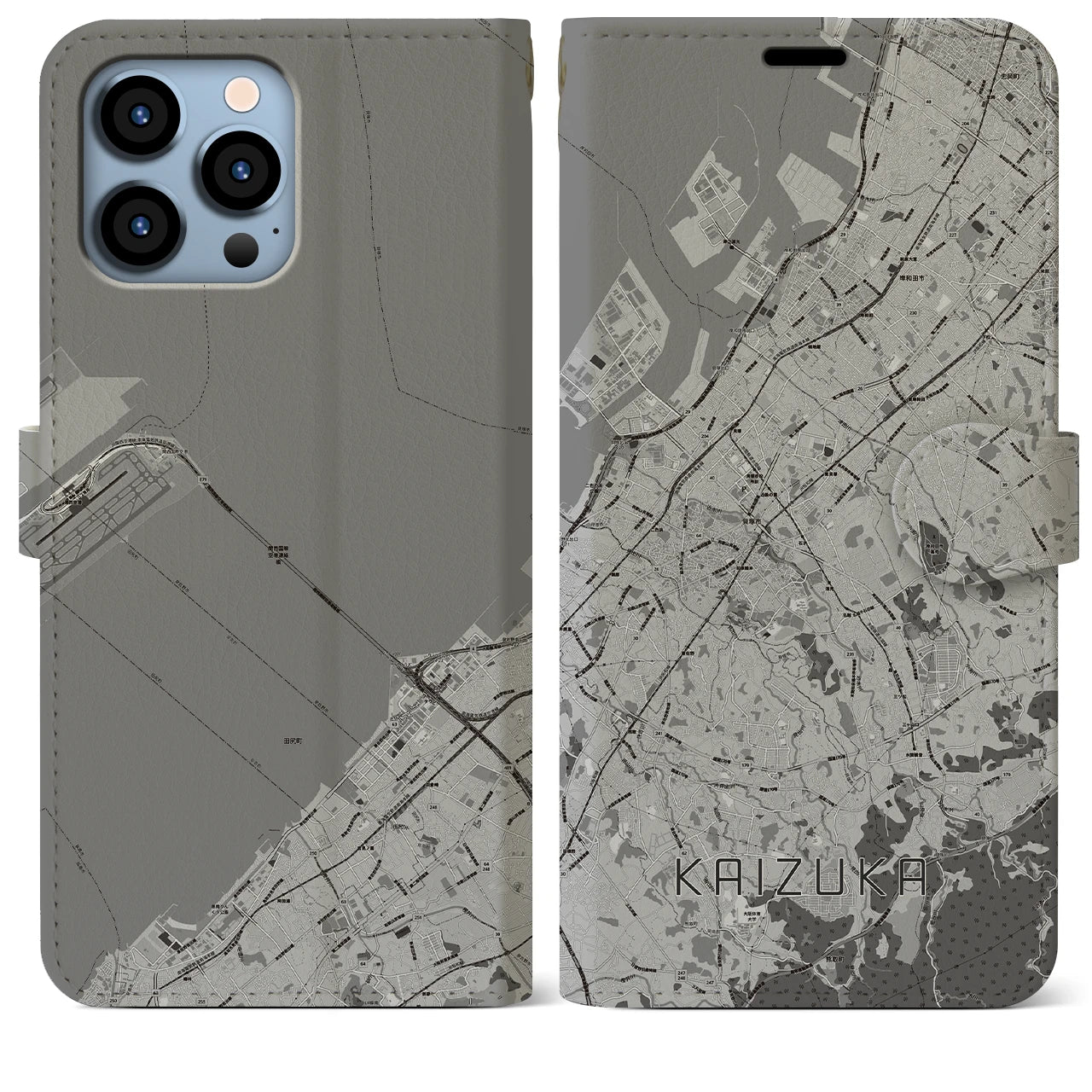 【貝塚(大阪府)】地図柄iPhoneケース(手帳タイプ)モノトーン・iPhone 13 Pro Max 用