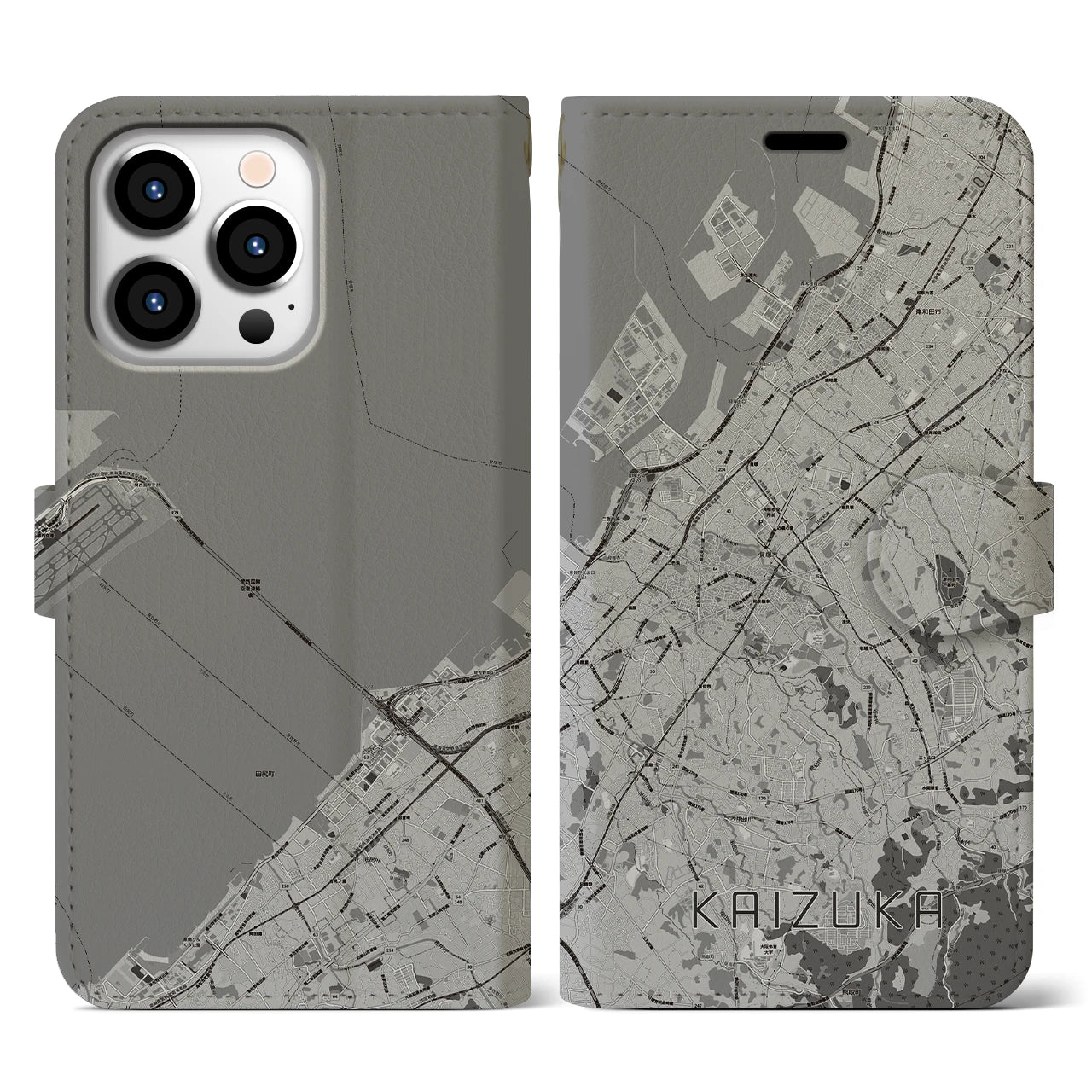 【貝塚(大阪府)】地図柄iPhoneケース(手帳タイプ)モノトーン・iPhone 13 Pro 用