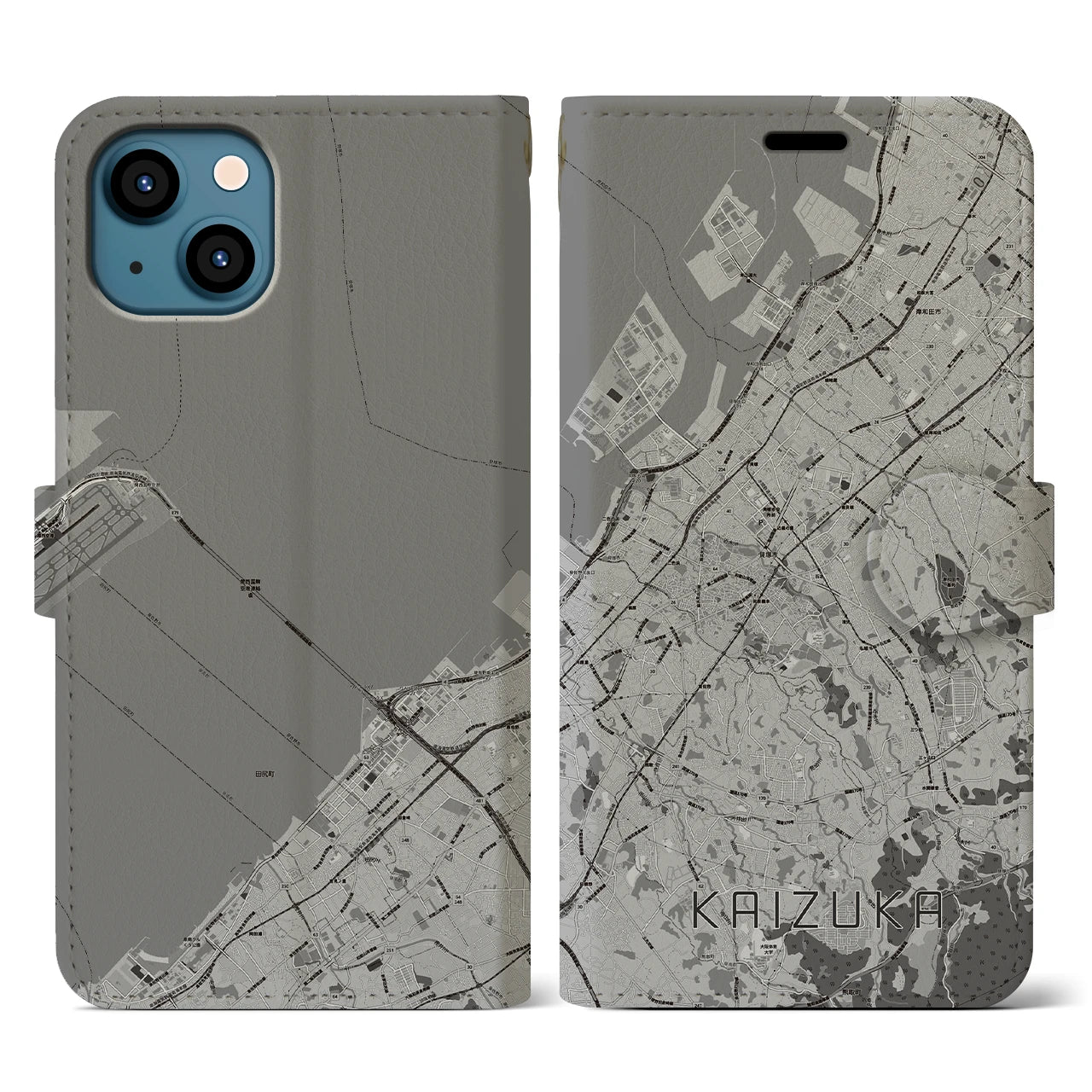 【貝塚(大阪府)】地図柄iPhoneケース(手帳タイプ)モノトーン・iPhone 13 用
