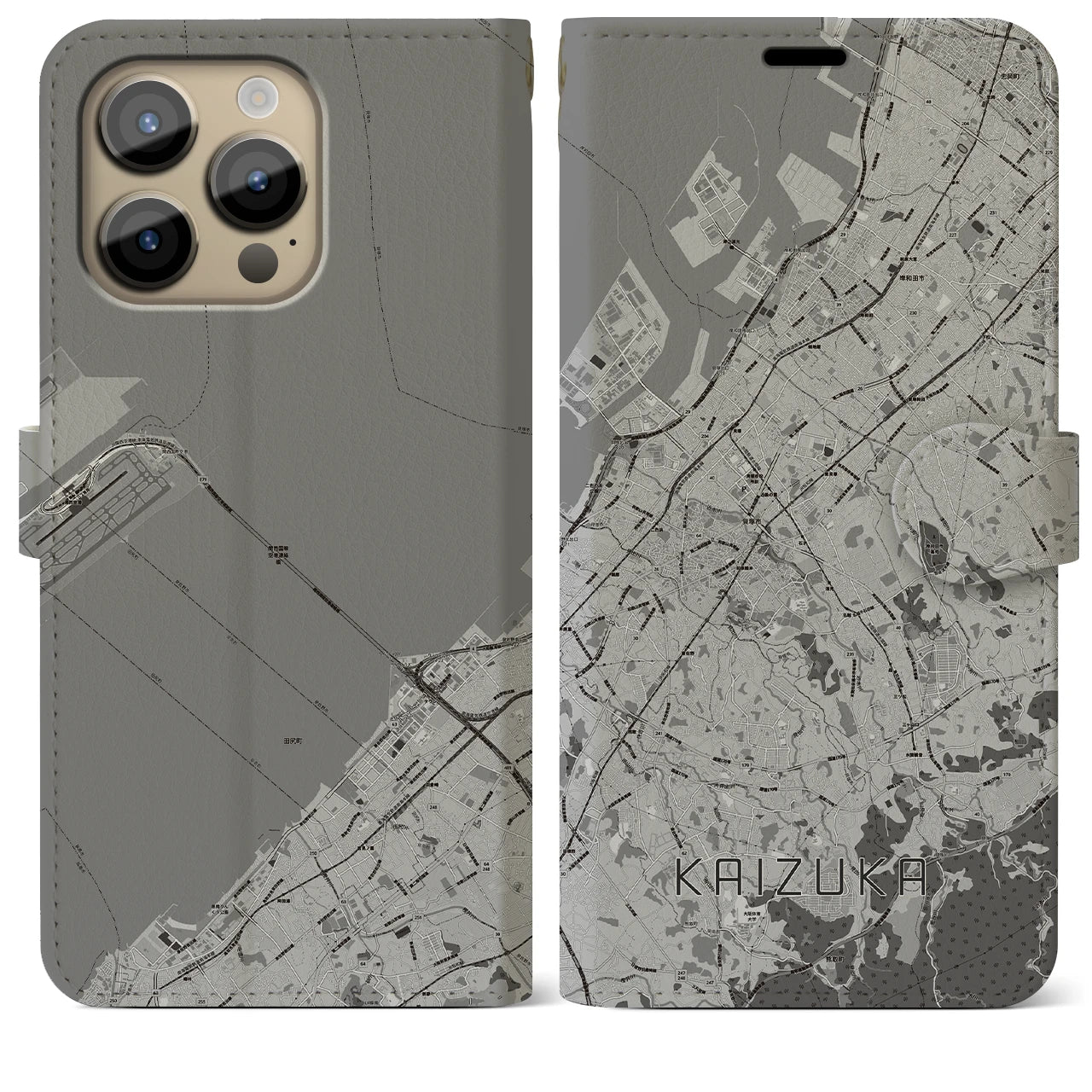 【貝塚(大阪府)】地図柄iPhoneケース(手帳タイプ)モノトーン・iPhone 14 Pro Max 用