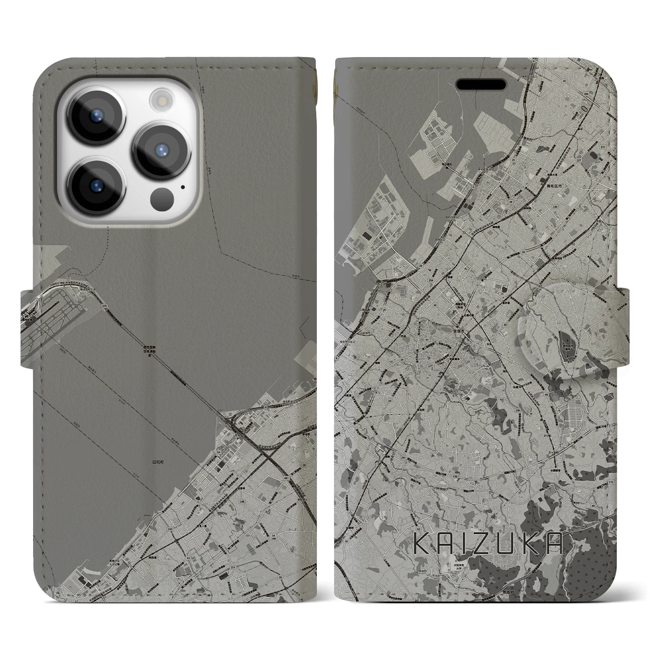 【貝塚(大阪府)】地図柄iPhoneケース(手帳タイプ)モノトーン・iPhone 14 Pro 用