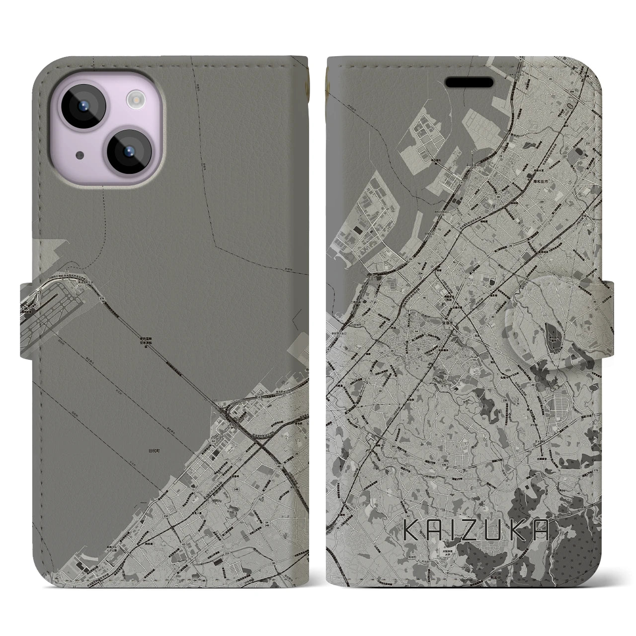 【貝塚(大阪府)】地図柄iPhoneケース(手帳タイプ)モノトーン・iPhone 14 用