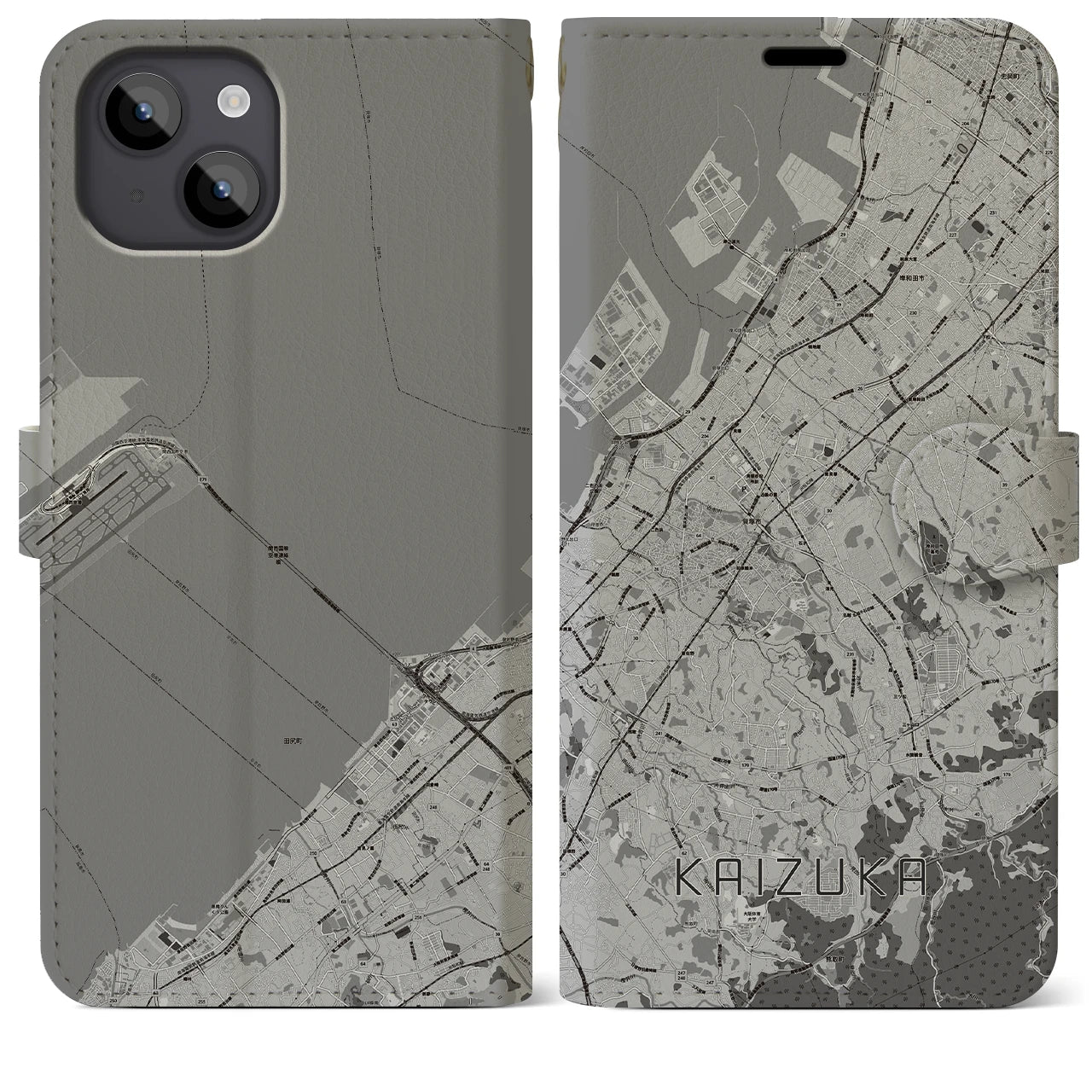 【貝塚(大阪府)】地図柄iPhoneケース(手帳タイプ)モノトーン・iPhone 14 Plus 用