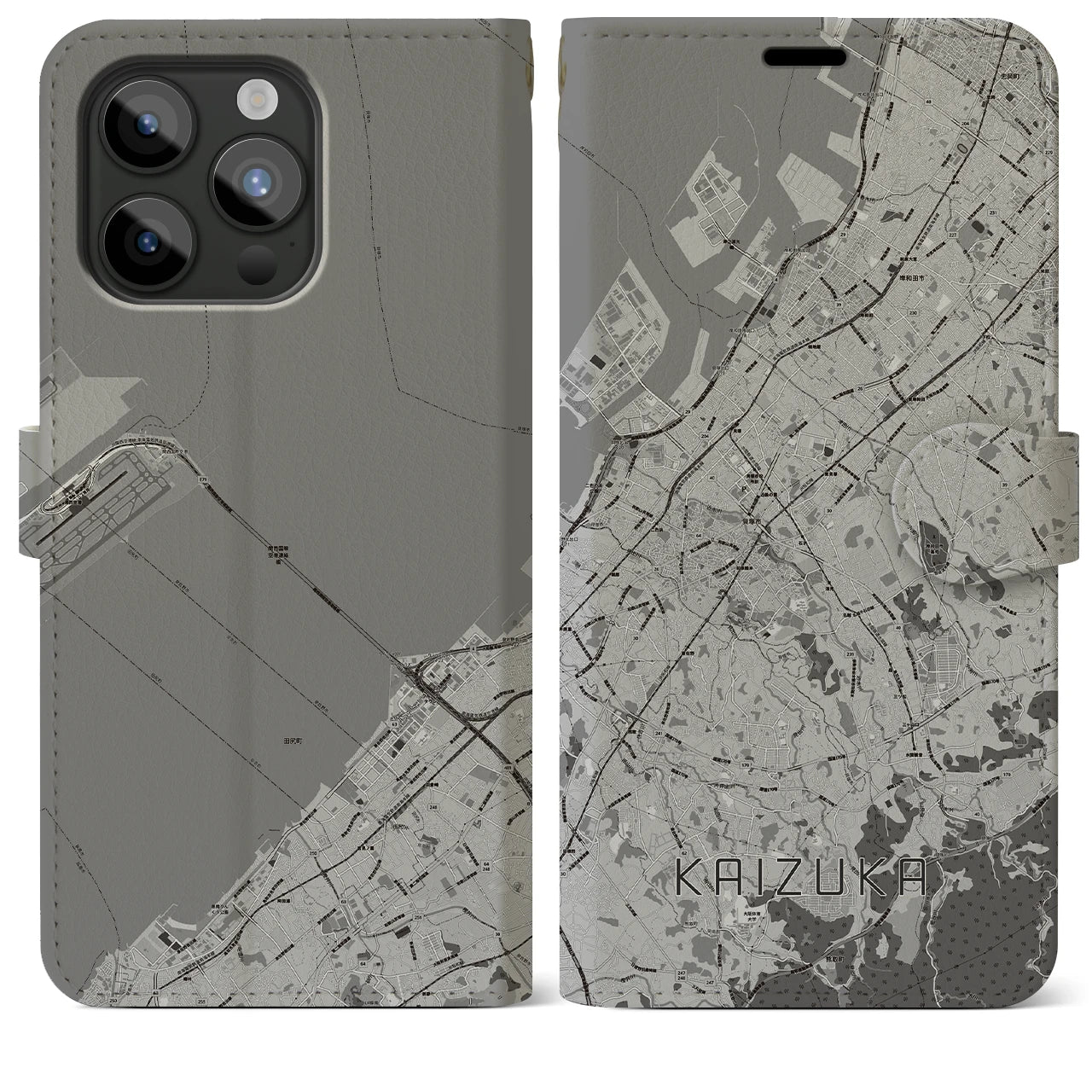 【貝塚(大阪府)】地図柄iPhoneケース(手帳タイプ)モノトーン・iPhone 15 Pro Max 用