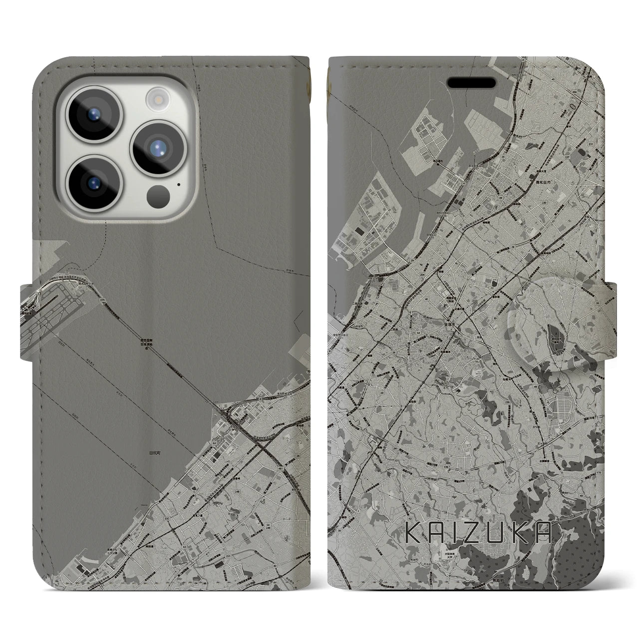 【貝塚(大阪府)】地図柄iPhoneケース(手帳タイプ)モノトーン・iPhone 15 Pro 用