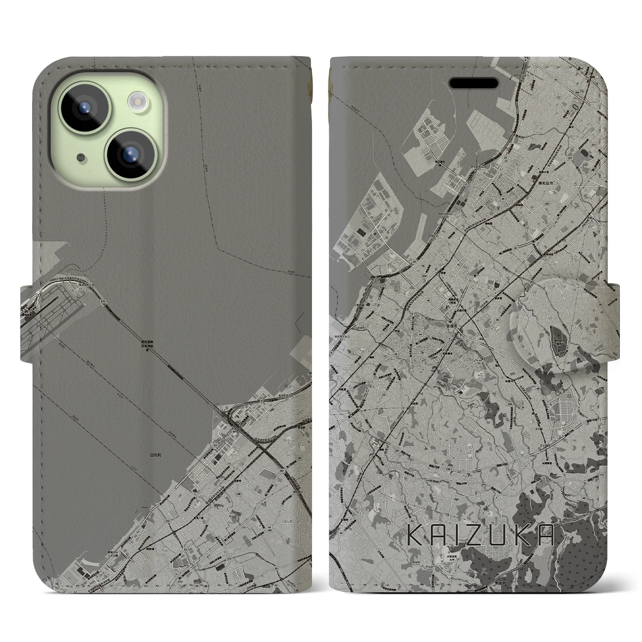 【貝塚(大阪府)】地図柄iPhoneケース(手帳タイプ)モノトーン・iPhone 15 用