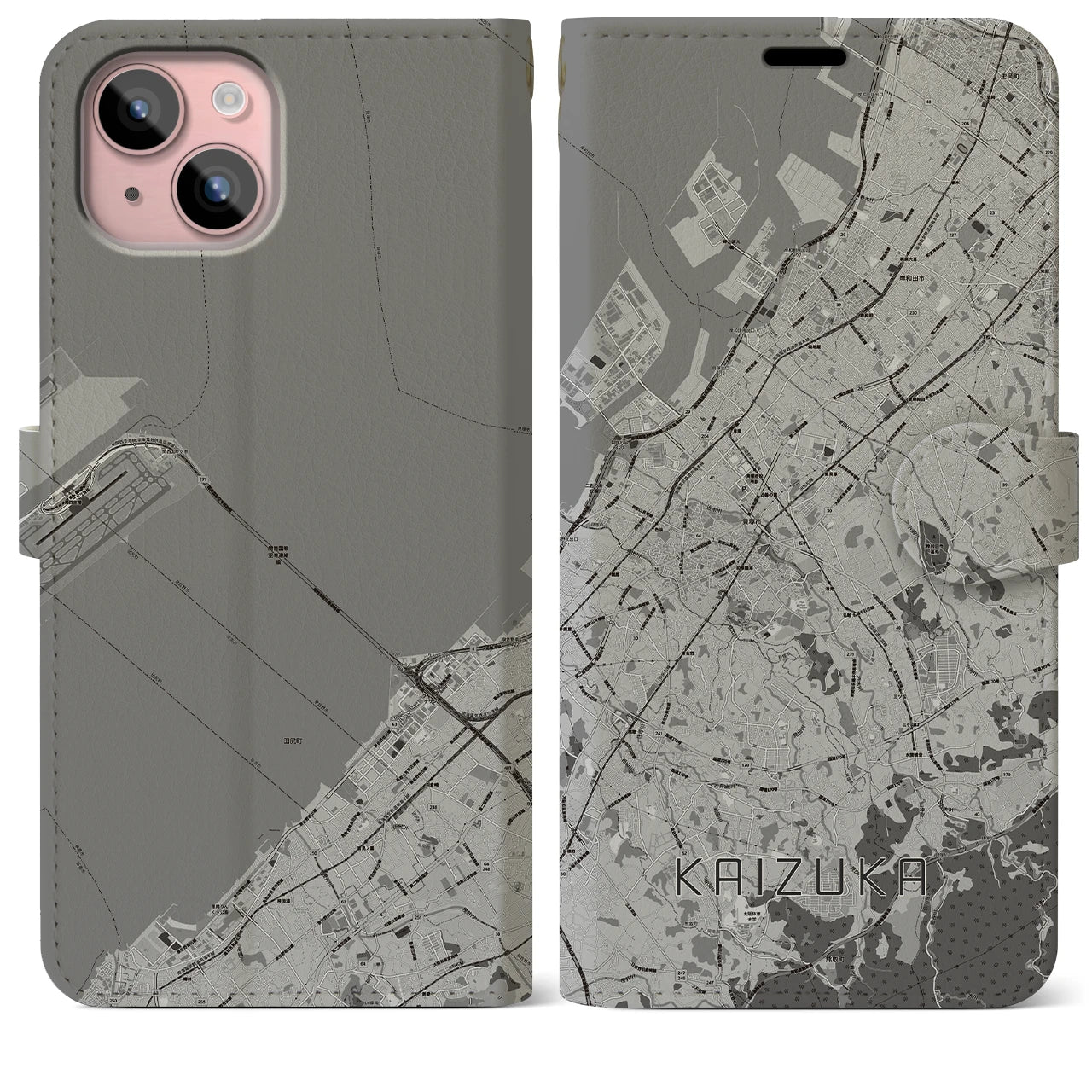 【貝塚(大阪府)】地図柄iPhoneケース(手帳タイプ)モノトーン・iPhone 15 Plus 用