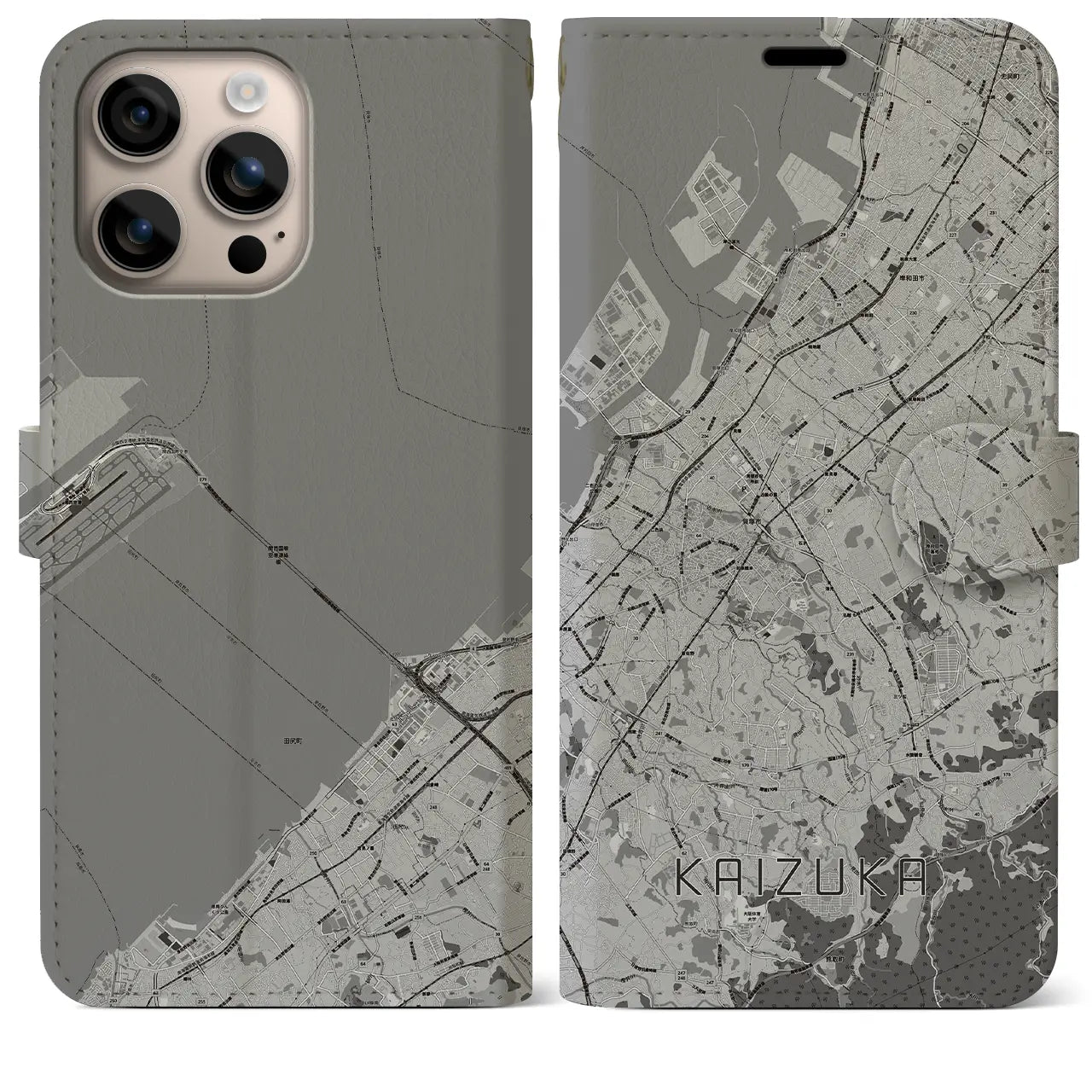 【貝塚(大阪府)】地図柄iPhoneケース(手帳タイプ)モノトーン・iPhone 16 Plus 用