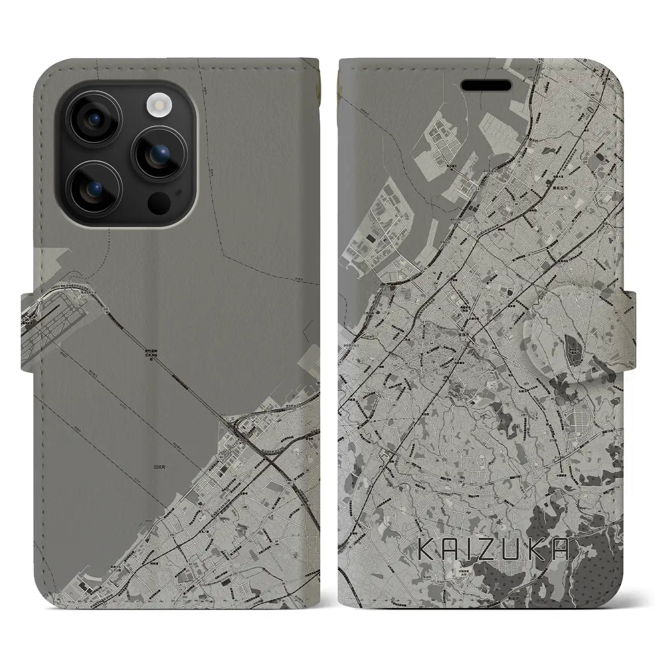 【貝塚(大阪府)】地図柄iPhoneケース(手帳タイプ)モノトーン・iPhone 16 用