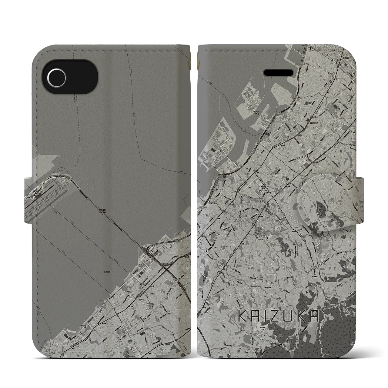 【貝塚(大阪府)】地図柄iPhoneケース(手帳タイプ)モノトーン・iPhone SE(第3 / 第2世代) / 8 / 7 / 6s / 6 用