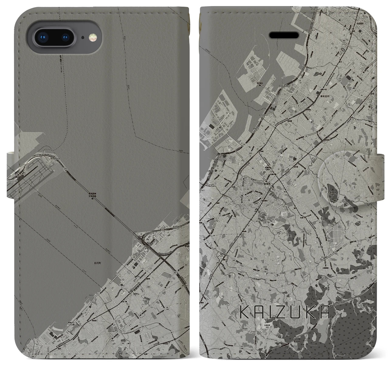 【貝塚(大阪府)】地図柄iPhoneケース(手帳タイプ)モノトーン・iPhone 8Plus /7Plus / 6sPlus / 6Plus 用