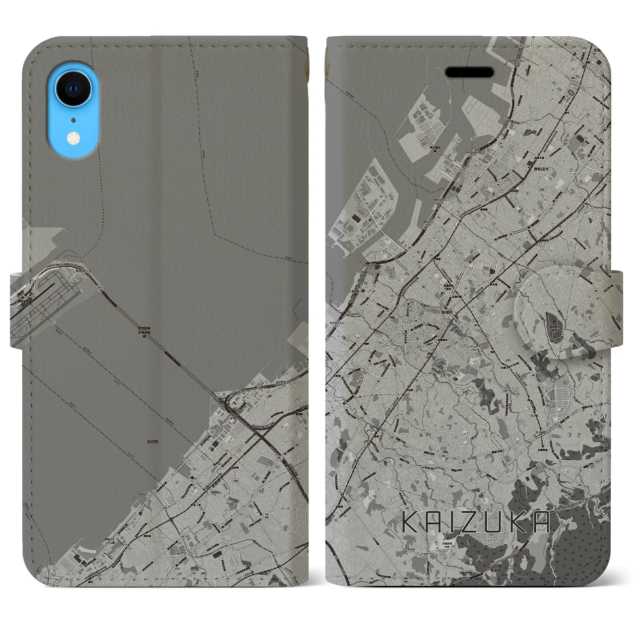 【貝塚(大阪府)】地図柄iPhoneケース(手帳タイプ)モノトーン・iPhone XR 用