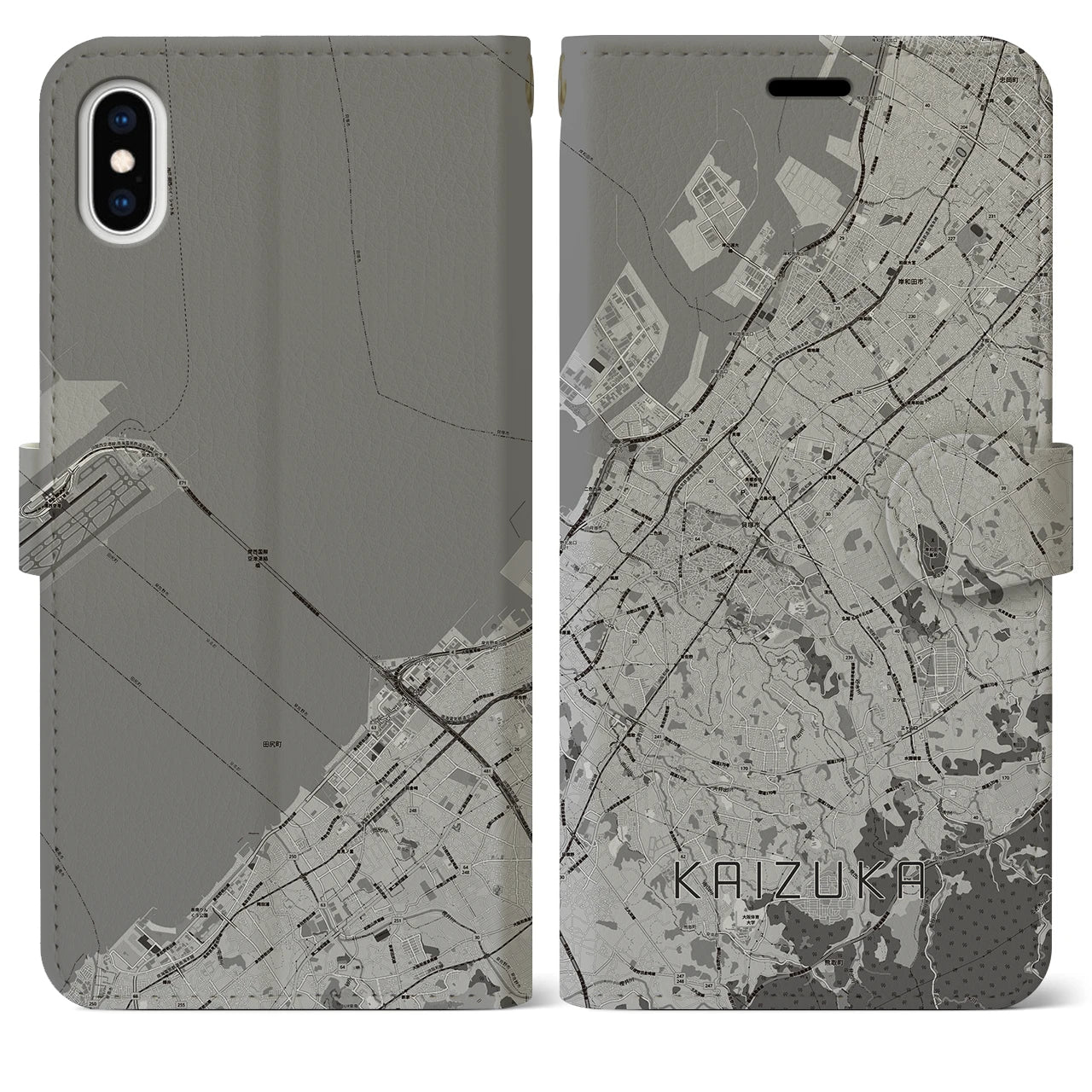 【貝塚(大阪府)】地図柄iPhoneケース(手帳タイプ)モノトーン・iPhone XS Max 用