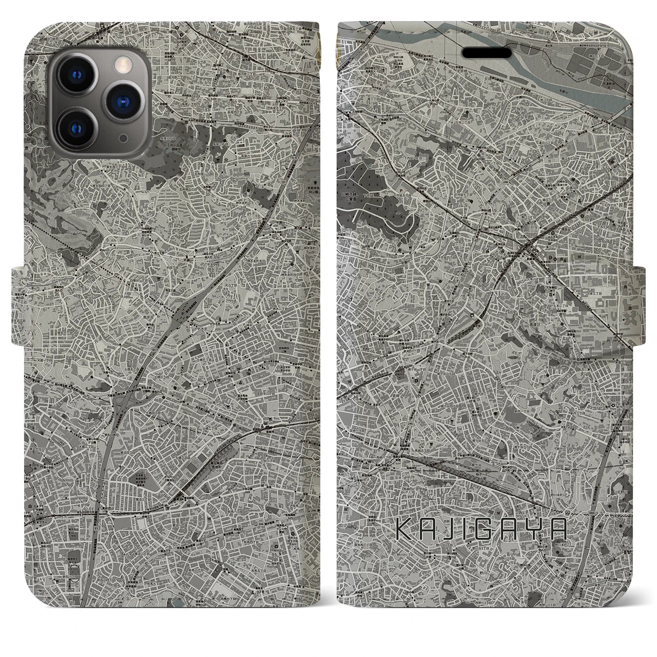 【梶が谷(神奈川県)】地図柄iPhoneケース(手帳タイプ)モノトーン・iPhone 11 Pro Max 用