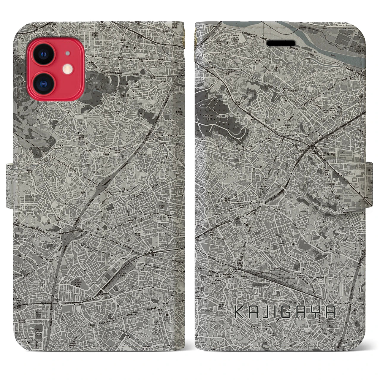 【梶が谷(神奈川県)】地図柄iPhoneケース(手帳タイプ)モノトーン・iPhone 11 用