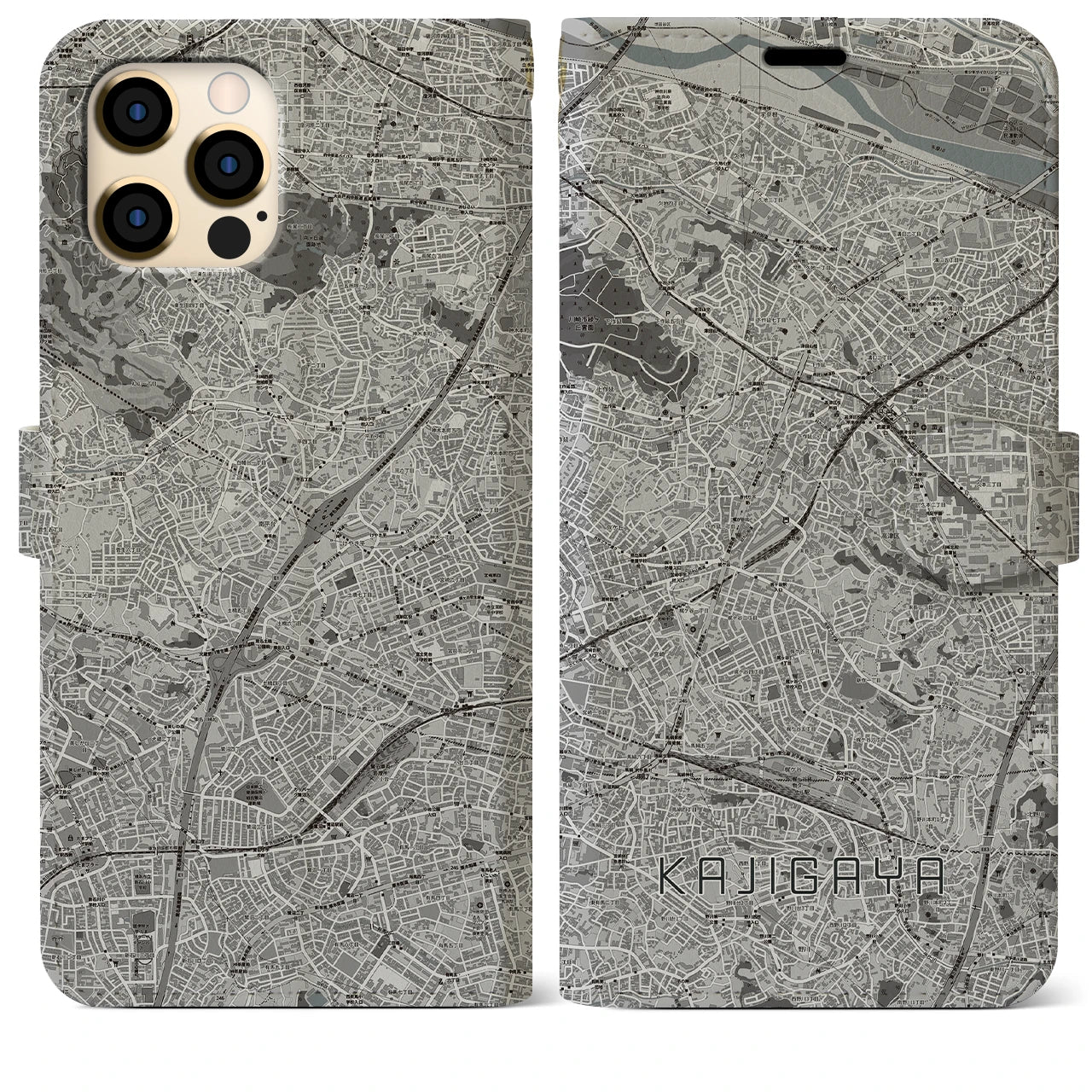 【梶が谷(神奈川県)】地図柄iPhoneケース(手帳タイプ)モノトーン・iPhone 12 Pro Max 用