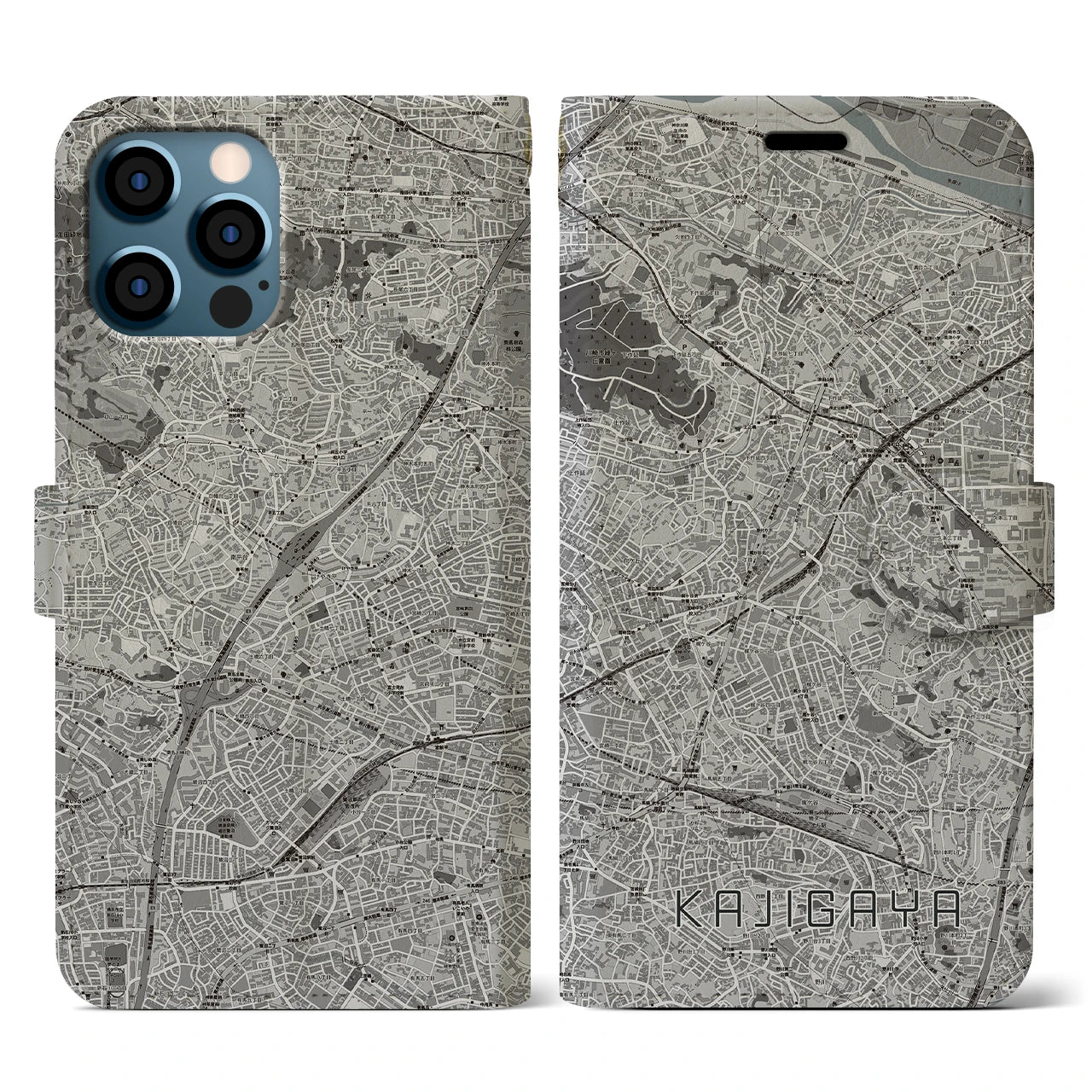 【梶が谷(神奈川県)】地図柄iPhoneケース(手帳タイプ)モノトーン・iPhone 12 / 12 Pro 用
