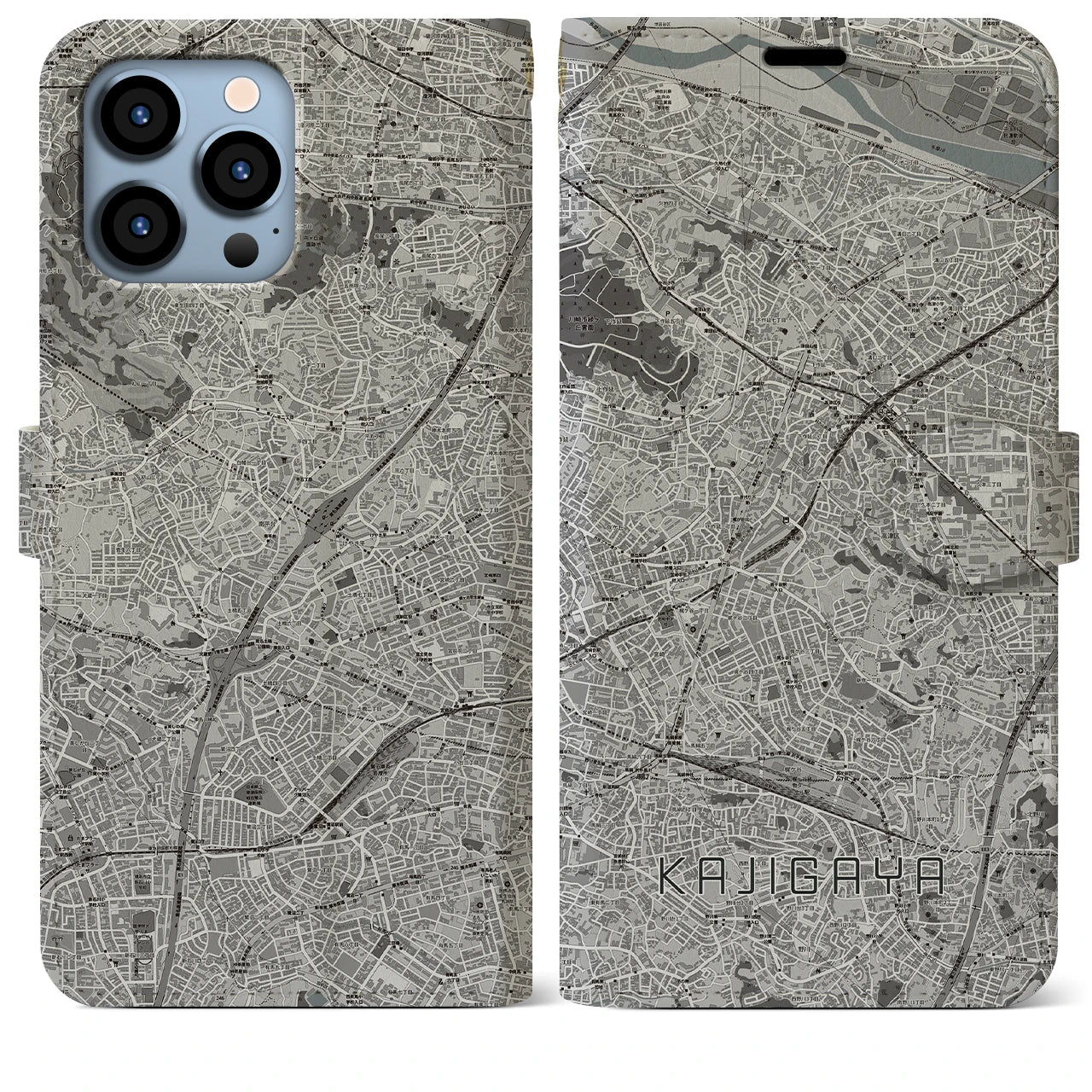 【梶が谷(神奈川県)】地図柄iPhoneケース(手帳タイプ)モノトーン・iPhone 13 Pro Max 用