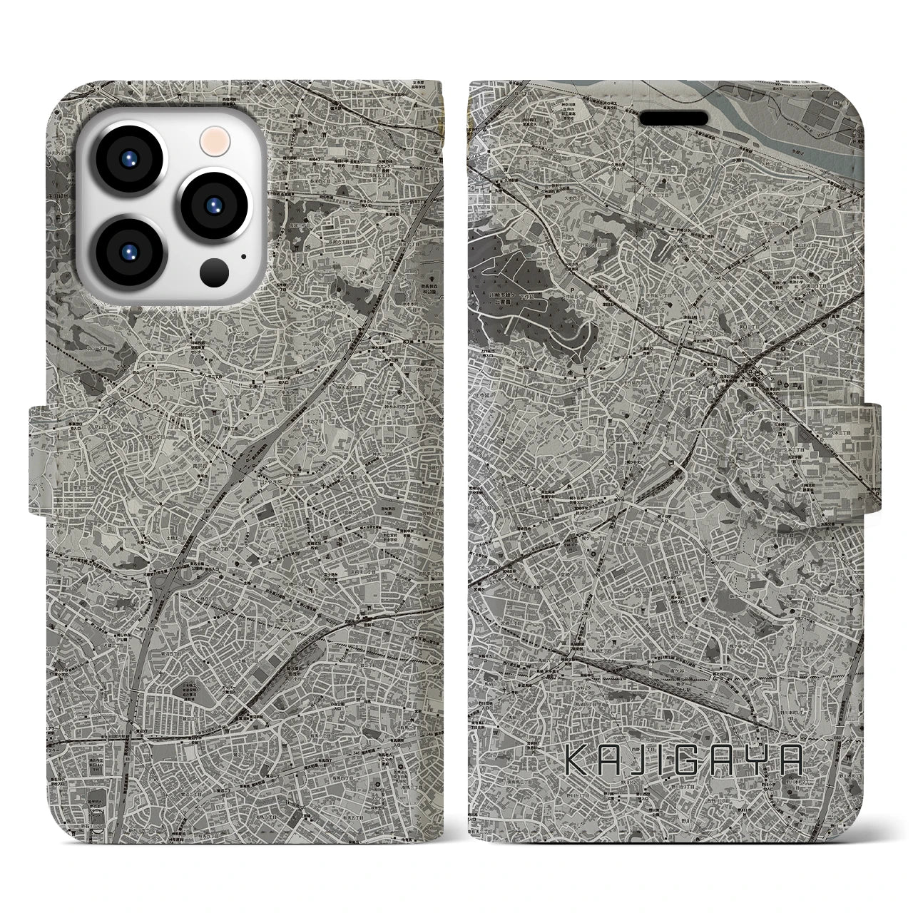 【梶が谷(神奈川県)】地図柄iPhoneケース(手帳タイプ)モノトーン・iPhone 13 Pro 用