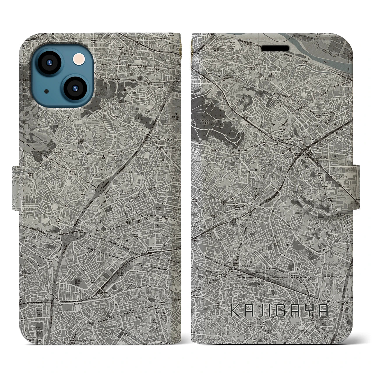 【梶が谷(神奈川県)】地図柄iPhoneケース(手帳タイプ)モノトーン・iPhone 13 用