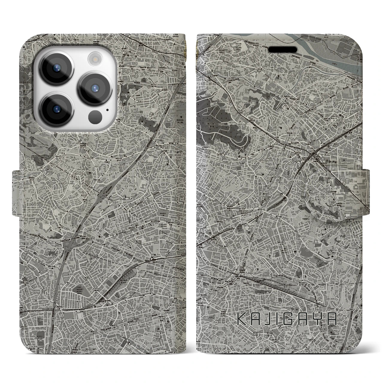 【梶が谷(神奈川県)】地図柄iPhoneケース(手帳タイプ)モノトーン・iPhone 14 Pro 用