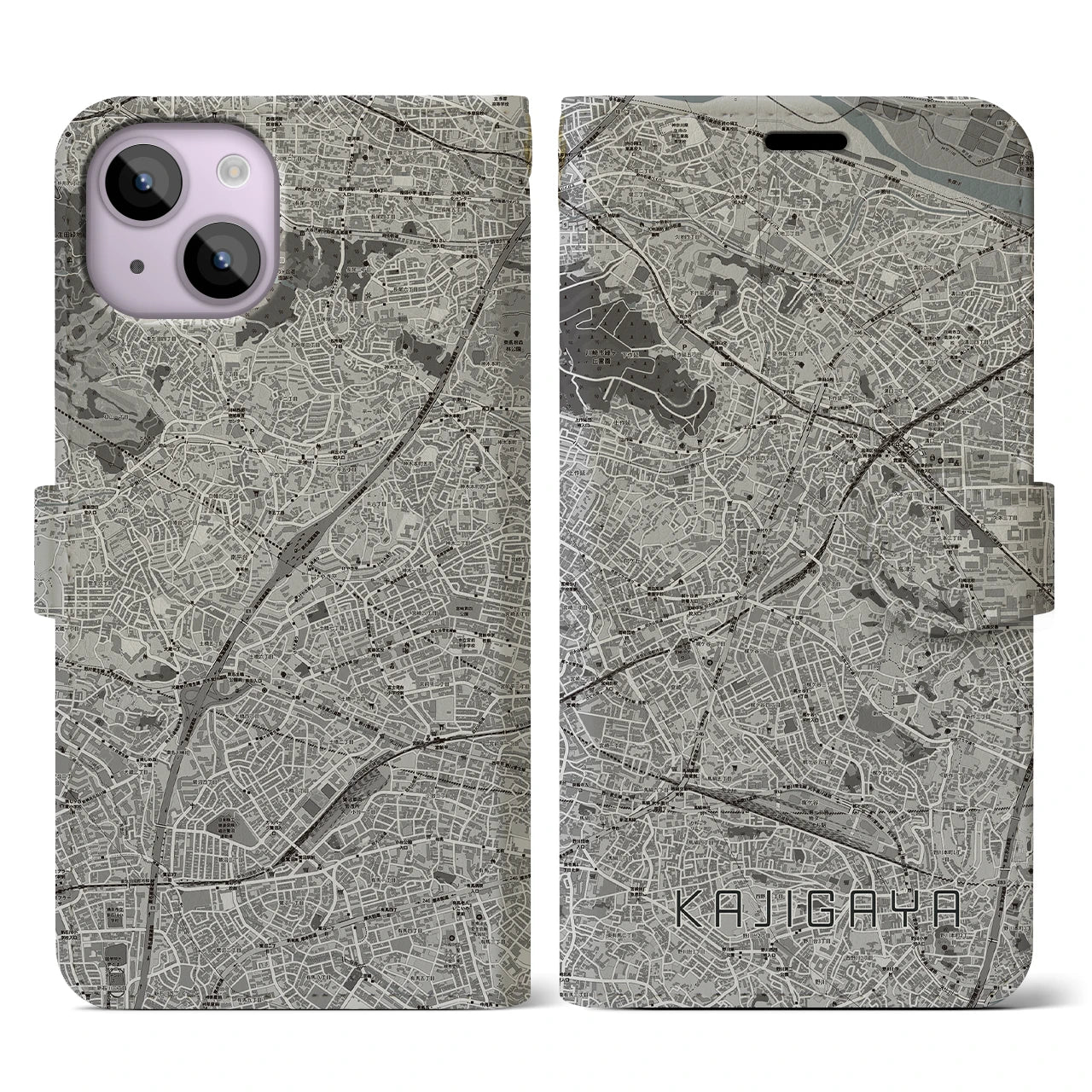 【梶が谷(神奈川県)】地図柄iPhoneケース(手帳タイプ)モノトーン・iPhone 14 用