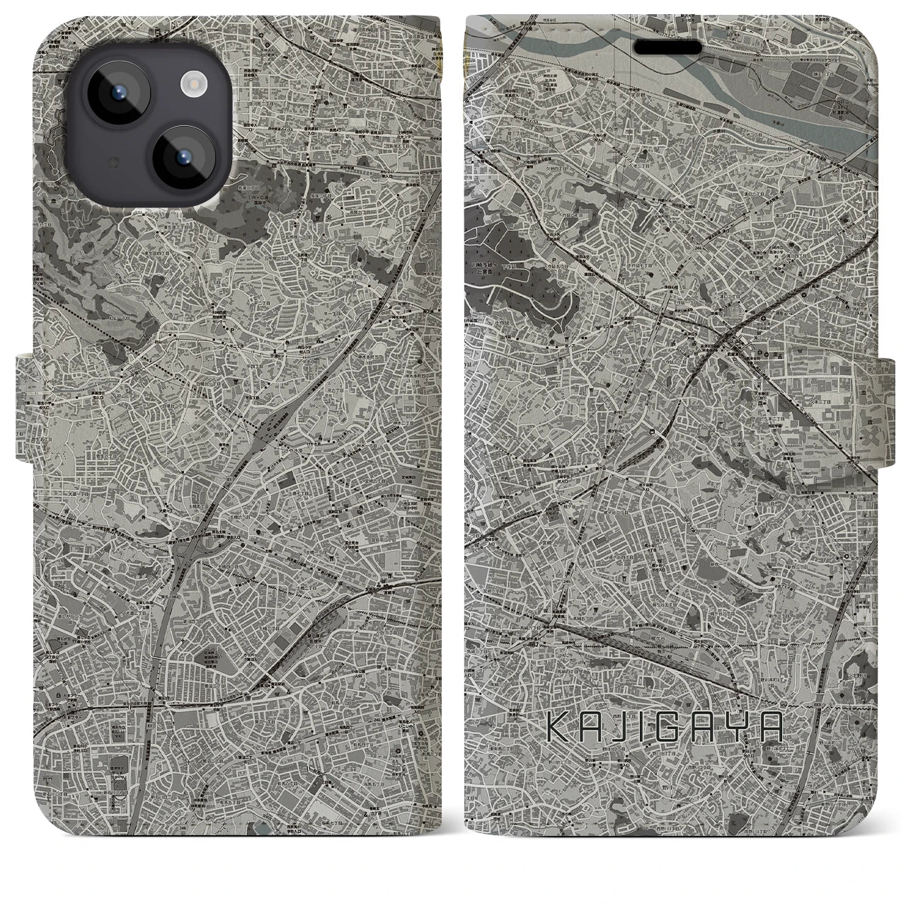 【梶が谷(神奈川県)】地図柄iPhoneケース(手帳タイプ)モノトーン・iPhone 14 Plus 用