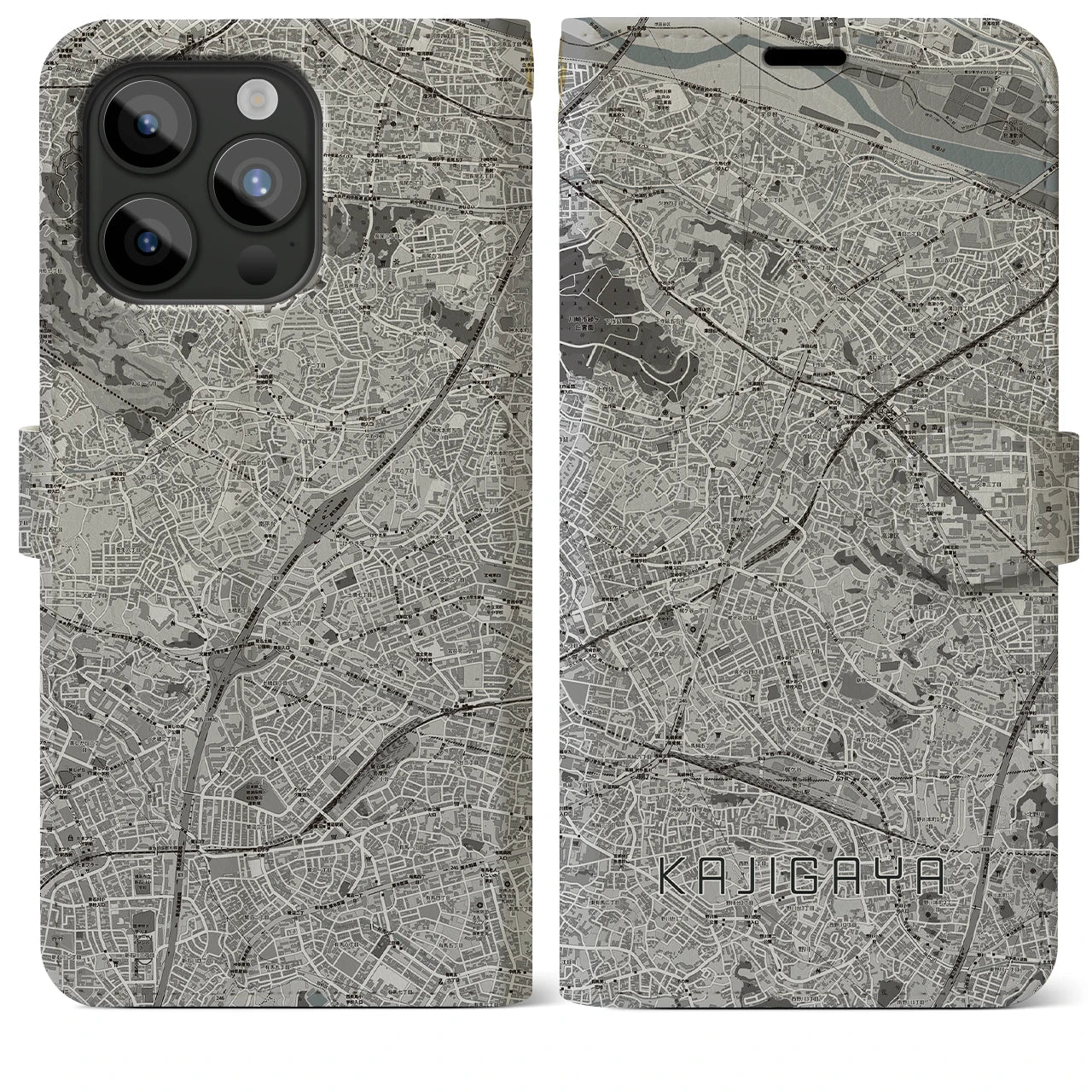【梶が谷(神奈川県)】地図柄iPhoneケース(手帳タイプ)モノトーン・iPhone 15 Pro Max 用