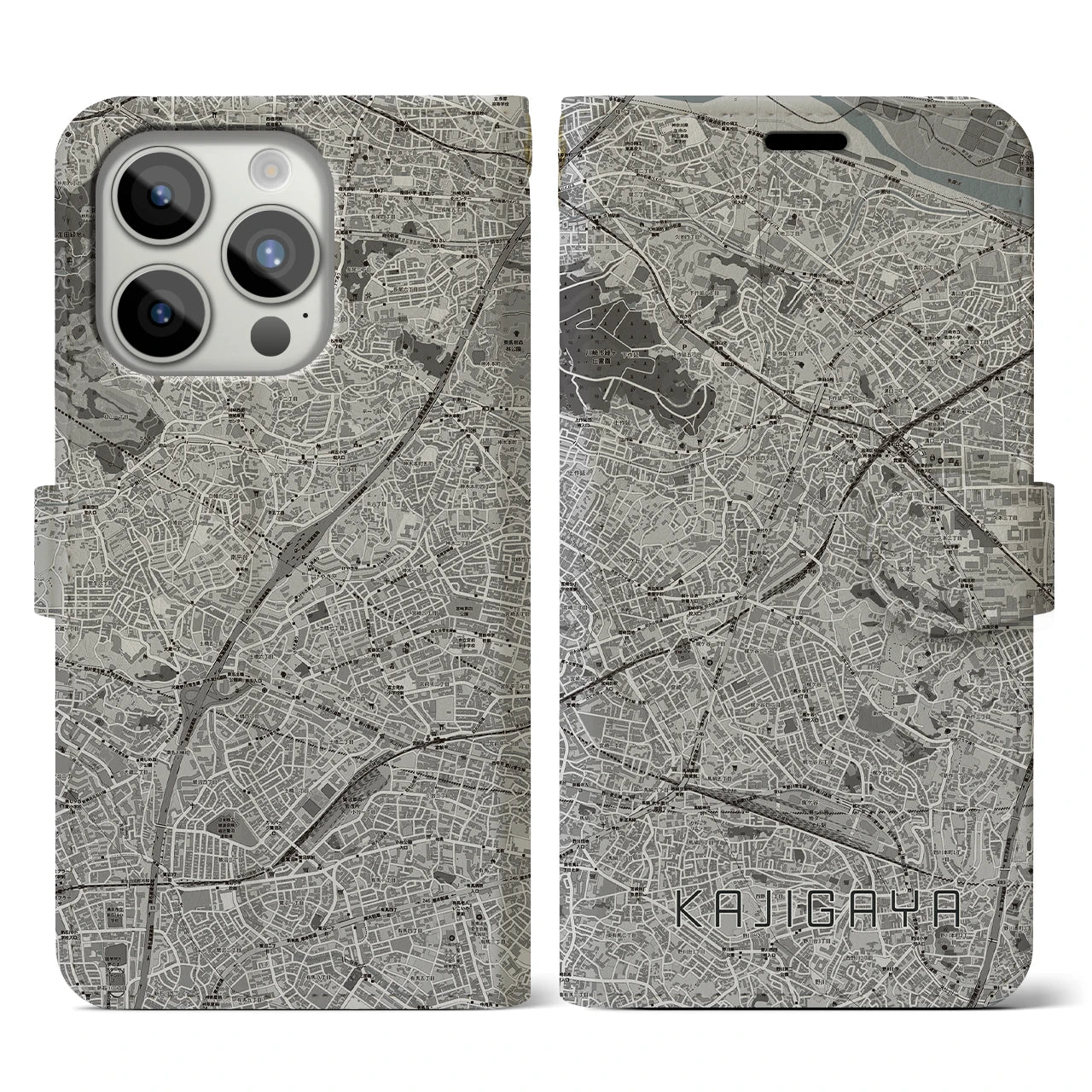 【梶が谷(神奈川県)】地図柄iPhoneケース(手帳タイプ)モノトーン・iPhone 15 Pro 用